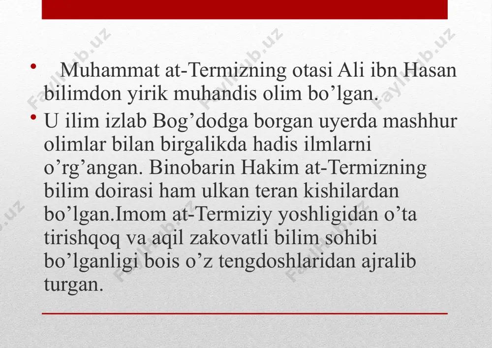 a ishonchli hadislar to‘plamlaridan biri hisoblanadi. ushbu asar ilmiy adabiyot va manbalarda«al-jome’ as-sahih», «jome’ at-termiziy», «sunan at- termiziy»nomlari bilan ham atalib, payg‘ambar (a.s.) merosi va faoliyatiga doir muhim manbalardan hisoblanadi. imom termiziyning mashhur asarlaridan yana biri«ash-shamoil an- nabaviya»bo‘lib, ba’zi manbalarda«shamoil an-nabiy sallollohu alayhi vasallam»nomi bilan ham keltiriladi. nomidan ham ko‘rinib turibdiki, bu asar payg‘ambar (a.s.)ning shaxsiy hayotlari, u zotning surat va siyratlari, ajoyib fazilatlari, odatlariga oid408hadisi sharifni o‘z ichiga qamragan manbadir. bu o‘rinda shuni ta’kidlash kerakki, payg‘ambar (a.s.)ning fazilatlari, odatlari haqidagi hadislarni to‘plash bilan juda ko‘p muhaddislar shug‘ullanganlar va bu xildagi hadislar turli-tuman asarlardan o‘rin olgan.lekin imom termiziy asarining afzalligi shundaki, u hadislarni tizimli ravishda to‘plab, muayyan tartibga solgan va yaxlit birkitob holiga keltirgan. payg‘ambarimiz muhammad (a.s.)ning hayotiga doir muhim manba sifatida«ash-shamoil an-nabaviya»azaldan islomshunos olimlar, tadqiqotchilarning diqqatini o‘ziga tortib keladi.arab tilida bitilgan ushbu asarga bir qanchasharhlar ham yozilgan. ushbu asarning tili ravon, uslubi g‘oyatda oddiyligini ham qayd qilib o‘tish o‘rinlidir. …