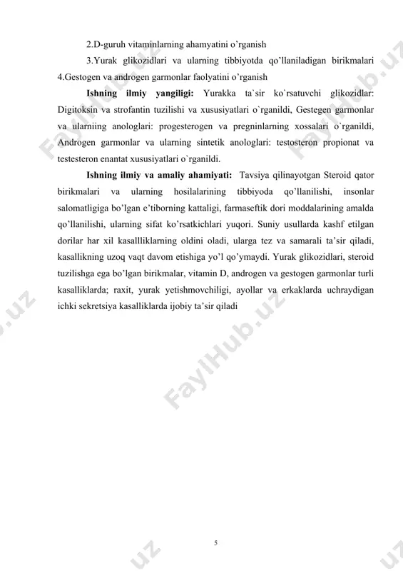 `rganildi. ishning ilmiy va amaliy ahamiyati: tavsiya qilinayotgan steroid qator birikmalari va ularning hosilalarining tibbiyoda qo’llanilishi, insonlar salomatligiga bo’lgan e’tiborning kattaligi, farmaseftik dori moddalarining amalda qo’llanilishi, ularning sifat ko’rsatkichlari yuqori. suniy usullarda kashf etilgan dorilar har xil kasallliklarning oldini oladi, ularga tez va samarali ta’sir qiladi, kasallikning uzoq vaqt davom etishiga yo’l qo’ymaydi. yurak glikozidlari, steroid tuzilishga ega bo’lgan birikmalar, vitamin d, androgen va gestogen garmonlar turli kasalliklarda; raxit, yurak yetishmovchiligi, ayollar va erkaklarda uchraydigan ichki sekretsiya kasalliklarda ijobiy ta’sir qiladi i bob siklopentanopergidrofenantren xosilalari 1.1. steroid qator birikmalarning tibbiyotda qo’llaniladigan xosilalari tibbiyotda qo’llaniladigan tabiiy, biologik faol moddalar orasida steroid tuzilishdagi birikmalar alohida o’rin egallaydi. steroidlar o’simlik va hayvonot dunyosida keng tarqalgan va molekula tuzilishining asosi qisman yoki to’la gidrirlangan siklopentanopergidrofenantren halqali ko’p sonli polisiklik moddalardan iborat. steroid tuzilishdagi birikmlar o’simlik va hayvon organizmida moddalar almashinuvini hamda turli a’zolar ish faolyatini yaxshilashda muhim ahamyatga ega. ularning ko’pchiligi molekula tuzilishi jihatdan …