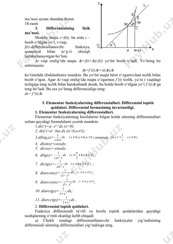 ga bog‘liq emas deb bo‘lmaydi. shu sababli ta’rif bo‘yicha (d2y=d(f’(x)dx)) hisoblaganda, d2y ni ikkita f’(x) va dx funksiyalar ko‘paytmasining differensiali deb qaraymiz. natijada d2y=d(f’(x)dx)=d(f’(x))dx+f’(x)d2x=(f’’(x)dx)dx+f’(x)d2x=f’’(x)dx2+f’(x)d2x, ya’ni d2y= f’’(x)dx2+f’(x)d2x (5.3) formulaga ega bo‘lamiz. endi ikkinchi tartibli differensial uchun hosil qilingan (5.1) formula (5.3) formulaning xususiy holi ekanligini ko‘rsatish qiyin emas. haqiqatan ham, agar x erkli o‘zgaruvchi bo‘lsa, u holda d2x=x’’dx2=0(dx2=0 bo‘lib, (5.3) formuladagi ikkinchi qo‘shiluvchi qatnashmaydi. uchinchi tartibli differensial uchun quyidagi d3y=f’’’(x)dx3+3f’’(x)dxd2x+f’(x)d3x (5.4) formula o‘rinli ekanligini isbotlashni o‘quvchilarga taklif qilamiz. ikkinchi va uchinchi tartibli differensiallar uchun olingan formulalardan murakkab funksiyaning yuqori tartibli differensiallarini hisoblashda differensial formasining invariantligi buziladi. boshqacha aytganda, ikkinchi va undan yuqori tartibli differensial formulalari ko‘rinishi x argument erkli o‘zgaruvchi yoki boshqa o‘zgaruvchining differensiallanuvchi funksiyasi bo‘lishiga bog‘liq bo‘ladi. adabiyotlar 1. azlarov. t., mansurov. x., matematik analiz. t.: «o‘zbekiston». 1 t: 1994, 2 t . 1995 2. toshmetov o‘. matematik analiz. matematik analizga kirish. t., tdpu. 2005y. 3. hikmatov a.g‘., turdiyev …