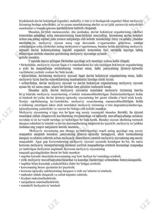 o‘lgan kadrlarni tanlash va joy-joyiga qo‘yish, ularning bajarilishini tashkil qilish. demak, takror ishlab chiqarishning alohida ehtiyojlarini qondirish va uzluksiz takror ishlab chiqarish jarayonini moliyaviy resurslar bilan ta’minlash uchun ijtimoiy boylikni shakllantirish, taqsimlash va qayta taqsimlash jarayonlariga yo‘naltiriladigan maqsad va vazifalarning yechilishini aniqlash moliyaviy siyosat deyiladi. moliyaviy siyosatga quyidagicha boshqa ta’rif berish ham mumkin: moliyadan foydalanishning metodlari, uni tashkil qilishning amaliy shakllari va metodologik prinsiplarining majmui (yig‘indisi) moliyaviy siyosat deyiladi. ayrim hollarda moliyaviy siyosat davlatning o‘z funksiyalarini bajarishi uchun moliyaviy munosabatlardan foydalanish bilan bog‘liq bo‘lgan davlat organlarining ma’lum bir faoliyati sifatida talqin qilinadi. bunday talqin o‘zida bir necha xavfni mujassam etadi. buning boisi shundaki, iqtisodiyot taraqqiyotida davlatning roli to‘g‘risidagi jamiyatda hukmron bo‘lgan tasavvurlarga muvofiq ravishda davlatning vazifalari va funksiyalari ham o‘zgaradi, takomillashadi. masalan, mamlakat iqtisodiyotiga davlatning aralashuvi, aholi turmush darajasi ijtimoiy-iqtisodiy sharoitlarini tenglashtirish va shunga o‘xshash davlatning funksiyalari va vazifalarini aniqlaydigan boshqa bir qancha masalalar hamon munozaraligicha qolmoqda. buning ustiga, moliyaviy …