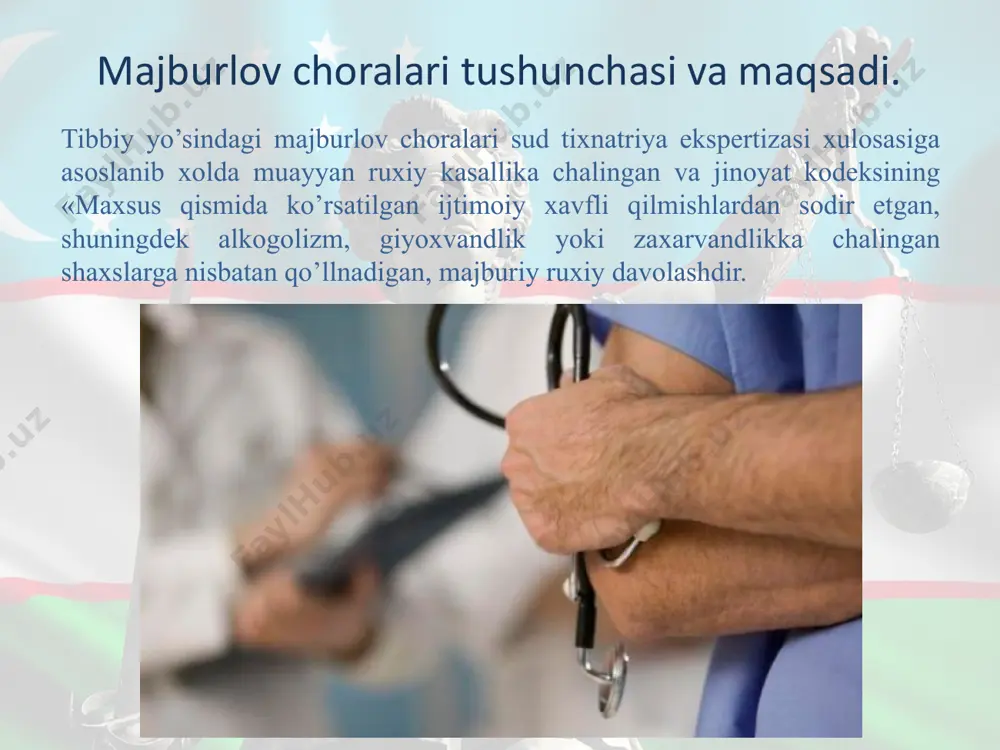 ilmishini axamiyatini anglab etish yoki o’z xarakatini boshkarish kobiliyatidan maxrum bo’lishi. 2. ijtimoiy xavfli qilmishni sodir etish vaqtida akli raso bulgan lekin sud xukmichikarulgunga kadar o’z qilmishining axamiyatini anglab yetish yoki o’z xarakatini boshkarish kobiliyatidan maxrum etadigan ruxiy kasalikka chalinishi. tibbiy yo’sindagi majburlov choralari yukorida keltirilgan to’rt toifadagi shaxslarga nisbatan sud tomonidan qo’llaniladi, bu toifadagi shaxslarning xar biri maxsus belgilarga ega. birining toifaga jkning maxsus kismida ko’rsatilgan ijtimoiy xavfli qilmishlardan birini akli noraso xolatida sodir shaxslar kiradi. bu ruxiy shaxslar kasalligi tufayli o’z xarakatining faktik xususiyatini shuningdek, qilmishning ijtimoiy xavfliligi va biror ob'ektga nisbatan muayyan zarar etkazilishini anglab etmaydi. jinoyatning sub'ekti akli noraso shaxs bulganligi tufayli bunday shaxslar ijtimoiy xavfli qilmish sodir etsalarda ularning qilmishi jinoyat xisoblanmaydi. shu tufayli ularni jinoiy javobgarlikka yoki jazoga tortishi mumkin emas. bunday toifadagi shaxslarga nisbatan tibbiy yo’sindagi majburlov chorasi qo’llaniladi. ular jazoga tortishning jazoning tarbiyalash va ogoxlantirish maqsadi amalga oshmaydi. tibbiy yo’sindagi majburlov choralarining …