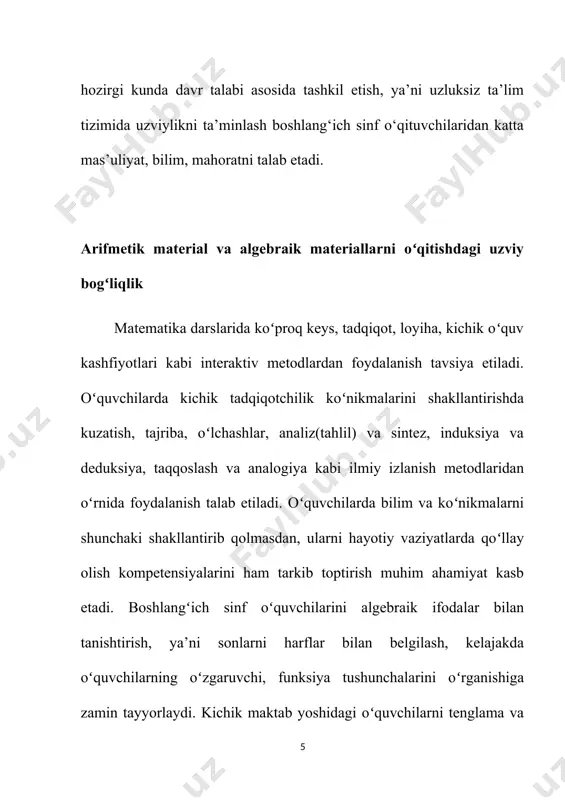 nlar orqali o‘quvchilarni matematikaga bo‘lgan qiziqishi va ishtiyoqini o‘stirish mumkin. o‘quvchilar bu singari o‘yin topshiriqlarni ishtiyoq bilan bajaradi. ii bosqich. ikkinchi bosqichda matematik ifodalar bilan tanishish koʻpincha 1- bosqich amallari deb ataladigan 4 + 5 – 3, 3 + 3 + 3, 8 – 2 – 2, 10 – (3 + 4) kabi ifodalar va 2- bosqich amallari deb ataladigan 8 : 2 ∙ 3, 5 ∙ 4 :10, 3 ∙ 2 ∙ 4, 20 : 2 : 5 kabi ifodalar xosdir. bunday ifodalarni hisoblash usullarini ochib berayotib oʻqituvchi matematiklar bunday ifodalarning qiymatlarini, ularda amallar qanday tartibda yozilgan boʻlsa shu tartibda bajarib hisoblashga kelishib olganliklarini aytadi va bunday ifodalarni oʻqishni oʻrgatadi: 1. 4 + 5 – 3 - „ toʻrtga beshni qoʻshing va natijadan uchni ayiring “ 2. 5 ∙ 4 : 10 - „ beshni toʻrtga koʻpaytiring va natijani 10 ga boʻling “ iii bosqich. bu bosqichdagi ifodalar toʻrt …