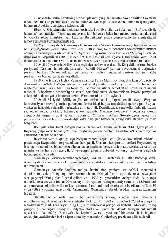 asiga og‘ir kulfatlar keltirdi. iqtisodiy va siyosiy zulm kuchaydi. sanoat korxonalarida harbiy katorga rejimi o‘rnatildi. ish soatlari oshirilib ish haqi pasaytirildi. qishloq xo‘jaligi chuqur inqirozga uchradi. ekin maydonlarining yarimidan ortig‘i qisqardi. ko‘p sanoat markazlari vayron bo‘ldi. moliyaviy ahvoli yomonlashib davlat qarzi ko‘paydi. ochlik va epidemiya natijasida 900 mingdan ortiq kishi o‘ldi. urushda 1 million 800 mingdan ortiq kishi halok bo‘ldi, 1 million 500 ming kishi mayib majrux bo‘lib qoldi. 1918 yil avgustida antanta g‘arbiy frontda hujumga o‘tdi. germaniya va uning ittifoqchilari jiddiy mag‘lubiyatga uchradi. 1918 yil kuzida turkiya, bolgariya, avstriya-vengriya birin-ketin antantaga taslim bo‘ldi. frontlardagi harbiy holat siyosiy krizisni chuqurlashtirib yubordi. germaniya imperializmini qutqarib qolishga intilgan aqsh prezidenti vilsonning maslahati bilan 1918 yil 3 oktabrda sotsial partiya o‘ng qanotining vakillari (sheydeman va bauer) ishtirokida shaxzoda maks badenskiy boshchiligida yangi, kaolitsion hukumat tuzildi. lekin hukumat o‘zgarishi ichki siyosiy ahvolni yengillashtira olmadi. mehnatkashlar ommasini inqilobiy chiqishlari kuchayib, vilgelm 11 ning monarxiya hokimiyatini …