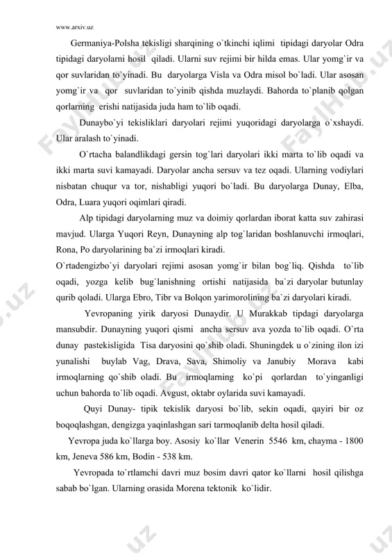 ator ko`llarni hosil qilishga sabab bo`lgan. ularning orasida morena tektonik ko`lidir. foydalanishga tavsiya etiladigan adabiyotlar 1. yermakov y.g. i dr. fizicheskaya geografiya materikov i okeanov. m: vesshaya shkola, 1988. 2. ryabchikov a.m. fizicheskaya geografiya materikov i okeanov. m: vesshaya shkola, 1988. 3. fizicheskaya geografiya mirovogo okeana. m: izdatelstvo moskovskogo universiteta, 1988. 4. ryabchikov a.m. dunyo qit’alari tabiiy geografiyasi, toshkent, 1968. 5. vlasova t.m. fizicheskaya geografiya materikov i okeanov. tom i-ii, m: prosveo‘yeniye, 1976. 6. vlasova t.m. materiklar va okeanlar tabiiy geografiyasi. i-ii tom.toshkent, 1985. 7. leontyev o.k. fizicheskaya geografiya mirovogo okeana. м: 1982. 8. ensiklopeditseskiy slovar geograficheskix terminov. m: 1968. 9. www.ziyonet.net