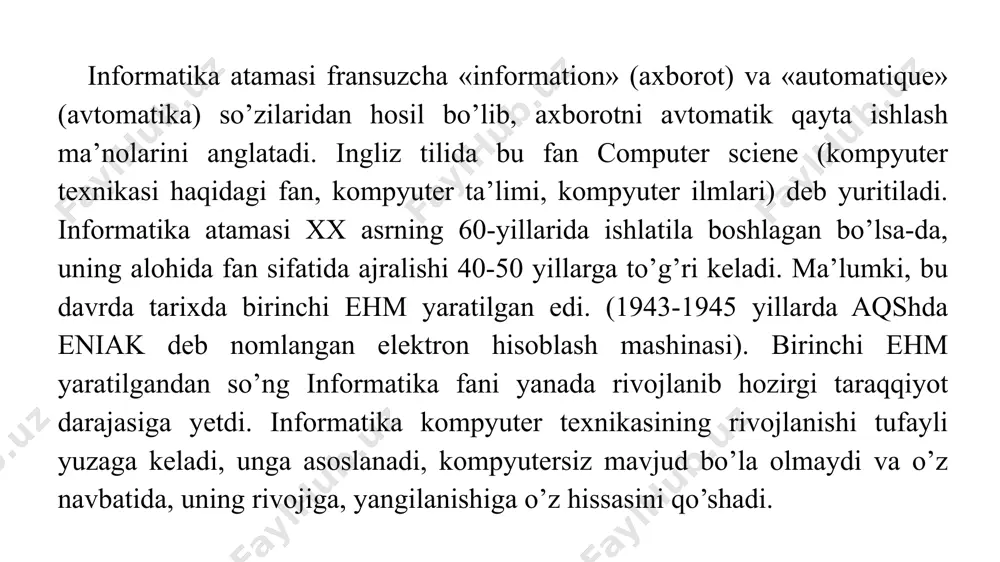 bo’yicha tasniflanadi. o’qitishning tashkiliy shakllari quyidagilardan iborat bo’ladi: • individual; • guruhli; • frontal. informatikadan mustaqil ishlar bajarish o’quvchilarning individual faoliyatini nazarda tutuvchi shakllardan biri hisoblanadi. kompyuterlarda amaliy mashg’ulotlar o’tkazish guruh bo’lib ishlashni talab etadi. ma’ruza tariqasida darslarni olib borish o’qitishning frontal shakllariga misol bo’ladi. zamonaviy pedagogik tadqiqotlar o’qitishning guruhli shaklini o’quvchilar orasidagi salbiy munosabatlarning oldini olishning samarali vositasi ekanligini ko’rsatmoqda. o’qitishning guruhli shaklida kichik guruhchalarga bo’lib o’qitish alohida ahamiyatga ega. kichik guruhlarda o’qitishni tashkil qilishda o’quvchilarni bir-biriga yuzma-yuz qaragan holda joylashtirishni yo’lga qo’yish kerak. o’quvchilar o’rnini noa’anaviy holda bunday joylashtirish guruhchalarda muhokamali masalalarni hal qilish imkonini beradi. kichik guruhlardagi o’quvchilar sonini quyidagicha hisobga olish lozim: 3, 4, 7 va boshqa sondagi guruhchlar tashkil qilish kerak. kichik guruhlardagi o’quvchilarni aylana, to’g’ri to’rtburchak, г va п shakllarda joylashtirish maqsadga muvofiq. kichik guruhlarda guruh a’zolari tomonidan o’quv masalaning yechimini taqdim etishning quyidagi shakllaridan foydalanish mumkin: • birgalikda – individual: har bir kichik …