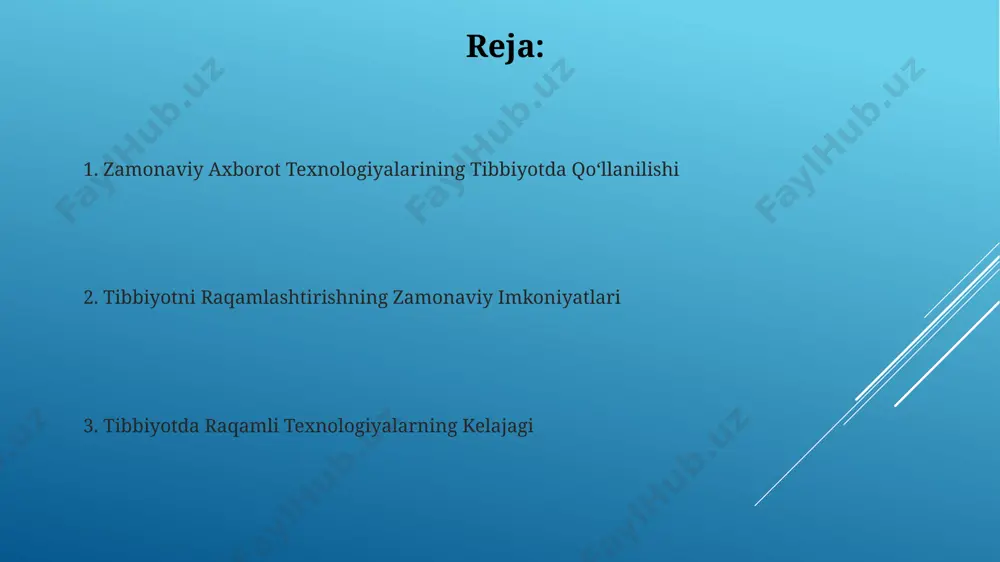 arini 15-20% ga kamaytirishga, bemorlarning davolanish natijalarini yaxshilashga va shifokorlarning ish samaradorligini oshirishga yordam beradi, bu esa teletibbiyot va masofadan turib monitoring qilish tizimlari orqali amalga oshiriladi. jahon sog'liqni saqlash tashkiloti ma'lumotlariga ko'ra, 2025 yilga kelib, sog'liqni saqlash sohasida big data texnologiyalaridan foydalanish 100 milliard dollardan ortiq bozor hajmini tashkil etadi, bu esa diagnostika va davolashning aniqligi va tezligini sezilarli darajada oshiradi. zamonaviy axborot texnologiyalarining tibbiyotdagi qo'llanilishi sun'iy intellekt algoritmlari yordamida, 95% aniqlik bilan saraton kasalliklarini dastlabki bosqichida aniqlash mumkin, bu esa o'lim darajasini sezilarli darajada kamaytiradi va davolanish natijalarini yaxshilaydi. zamonaviy tibbiyotda bemorlarning elektron tibbiy kartalari (ekt) keng qo'llanilmoqda, bu esa 1000 ga yaqin bemor ma'lumotlarini samarali boshqarish va 30% ga tezroq diagnostika qo'yish imkonini beradi. tibbiy tasvirlarni qayta ishlash va tahlil qilish tibbiy tasvirlarni chuqur o'rganish (deep learning) algoritmlari yordamida o'pkada 95% aniqlik bilan saraton o'smalarini aniqlash mumkin, bu esa erta tashxis qo'yish va davolash samaradorligini oshiradi. magnit-rezonans …