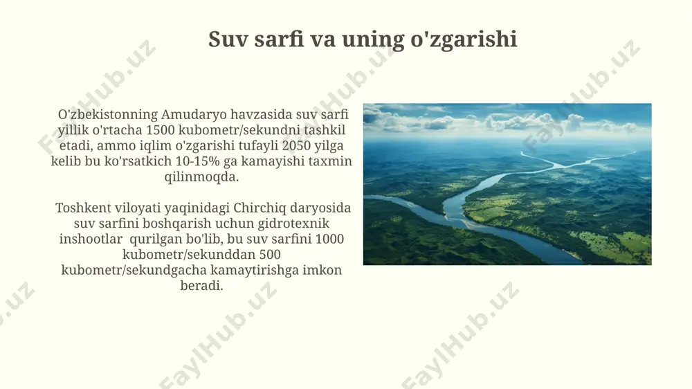 rmoqda, bu esa bioxilmaxillikni sezilarli darajada kamaytiradi. amudaryo havzasidagi suv oqimi rejimining o'zgarishi 50% ga yaqin baliq turlarining yo'qolishiga va 30% ga yaqin o'simlik turlarining kamayishiga olib keldi. gidrometeorologik omillar ta'siri o'zbekistonning tog'li hududlarida, masalan, chatqol-qurama tizmasida, qor qoplami qalinligi o'zgarishi 15-20% gacha bo'lgan oqim rejimiga sezilarli ta'sir ko'rsatadi, bu bahorgi toshqinlarning hajmini aniqlaydi. amudaryo havzasida 1970-yillardan beri kuzatilgan gidrologik omillar o'zgarishi, 30% ga yaqin suv resurslari kamayishiga va qoraqalpog'iston respublikasidagi suv taqchilligini kuchayishiga olib keldi. suv sathi va uning o'zgarishi farg'ona vodiysidagi daryolar, masalan, narin va qoradaryo, qor va muzning erishi tufayli bahorda suv sathi 8 metrgacha ko'tariladi, bu yerlarda suv toshqini xavfi mavjud. sirdaryo daryosining suv sathi toshkent viloyati hududida bahorda 5-7 metrga ko'tariladi, yozda esa 2-3 metrga kamayadi, bu qishloq xo'jaligiga sezilarli ta'sir ko'rsatadi. oqimning tezligi va yo'nalishi chirchiq daryosining oqim yo'nalishi tog'lardan tekislikka qarab, janubi-g'arbiy tomonga yo'nalgan bo'lib, uning uzunligi 220 km dan ortiq. oqim tezligi …