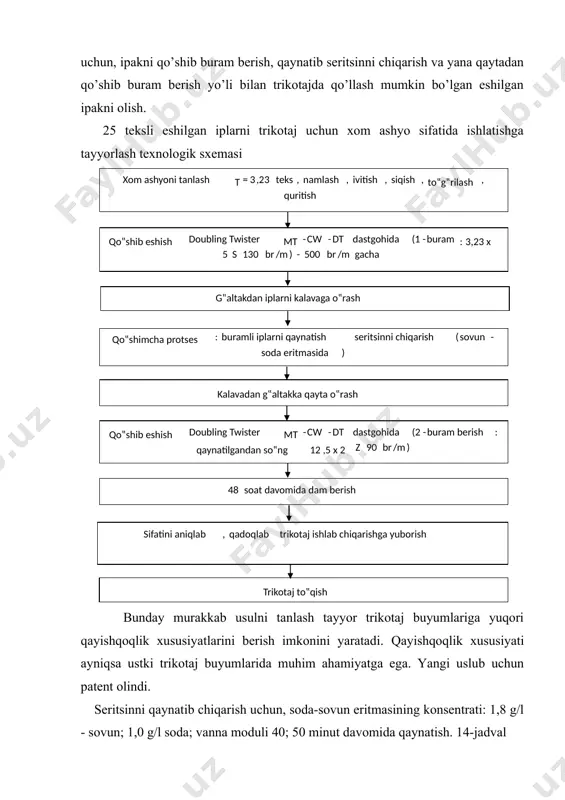 ralib turdi. xom ashyolarning fizika-mexanika xususiyatlarini o’rganganimizda paxta kalava ipiga nisbatan tabiiy ipakning pishiqligi, uzilishga cho’zilishi bir qancha yuqoriligi yaqqol ko’rinib turibdi (15-jadval). 15-jadval xom ashyolar xususiyatlari № ko’rsatkichlar paxta kalava ipi (pryaja) tabiiy ipak chiqindilardan yigirilgan ip xom ipakdan eshilgan ip 1 chiziqli zichligi, teks 25,0 16,6 25 2 chiziqli zichligi bo’yicha variatsiya koeffitsienti: % 6,9 6,04 2,7 3 uzilish (uzish) kuchi, sn 287,5 382,0 1025,0 4 nisbiy uzilish kuchi sn/teks 11,5 27,34 41,0 5 uzilishgacha cho’zilishi, % 8,5 11,0 19,5 yangi usulda tayyorlangan eshilgan iplarni paxta iplariga qo’shib ishlab chiqilgan ustki paxta-ipak trikotajining xususiyatlari 16-jadvalda keltirilgan. 16-jadval lastik usulda to’qilgan paxta-ipak trikotajning xususiyatlari xom ashyo turlari, chiziqli zichligi, teks xom ashyo tarkibi, % uzilish kuchi, (n) rr uzilishgac ha cho’zilish, (%) l kiri- shish, (%) u 1 nazorat - 20x3 - 100 - 548,0 330,0 68, 1 171,8 13, 0 10 924, 0 32100 tajriba 1,2 20x3 16,5x …
