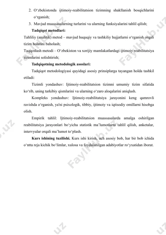 ’noni anglatadi va quyidagi asosiy tarkibiy qismlarni o‘z ichiga oladi:[footnoteref:2] [2: xamidova, m. u. (2018). maxsus pedagogika. t-2013 “fan va texnologiyalar nashiryoti ] tibbiy reabilitatsiya – sog‘liqni tiklash va qo‘llab-quvvatlash, nogironlik darajasini kamaytirish; psixologik reabilitatsiya – shaxsning ruhiy holatini tiklash, o‘ziga bo‘lgan ishonchni kuchaytirish; pedagogik reabilitatsiya – bilim va ko‘nikmalarni shakllantirish, kasbga yo‘naltirish, o‘qitish orqali ijtimoiy moslashuvni ta’minlash; ijtimoiy reabilitatsiya – turmush sharoitlarini yaxshilash, oilaviy, ishchi yoki jamiyatdagi ijtimoiy rollarni qayta tiklash; huquqiy reabilitatsiya – shaxsning huquqiy savodxonligini oshirish, huquqlarini himoya qilishda ko‘maklashish. ijtimoiy reabilitatsiya faoliyati ko‘p hollarda nogironlar, yetim bolalar, qariyalar, zo‘ravonlikka uchraganlar, jinoyat sodir etgan shaxslar, ruhiy-psixologik muammolarga ega insonlar bilan olib boriladi. bu faoliyatning samarali tashkil etilishi ularning jamiyatga moslashuvini ta’minlab, ijtimoiy izolyatsiya yoki chetlanishning oldini oladi. o‘zbekistonda so‘nggi yillarda ijtimoiy himoya tizimini mustahkamlash, nogironlar va ehtiyojmand toifalarni qo‘llab-quvvatlash, ularni reabilitatsiya qilish bo‘yicha keng ko‘lamli ishlar amalga oshirilmoqda. [footnoteref:3] [3: z.f. mavlyanova, m.z. ravshanova “reabilitatsiya asoslari”, o‘quv …