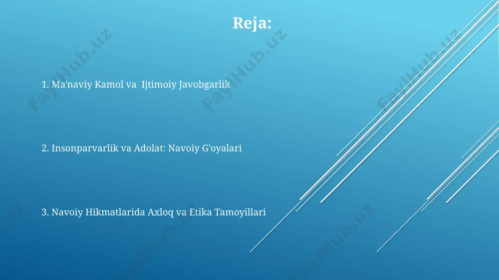 ing shakllanishiga hissa qo‘shganligi ko‘rsatiladi. navoiy g'oyalarining axloqiy asoslari uning g'oyalarida adolat, mehr-oqibat, halollik kabi 7 ta asosiy fazilat ta'kidlanib, bu fazilatlarning insoniyat taraqqiyoti uchun ahamiyati herat va buxoro misolida ko'rsatiladi. navoiyning 5 asosiy asarida, jumladan "xamsa"da, 15-asr samarqandining ijtimoiy hayotini aks ettiruvchi 300 dan ortiq axloqiy masalalar muhokama qilinadi. navoiyning "mahbub ul-qulub" asari 2 bobdan iborat bo'lib, unda 10 dan ortiq hikoya orqali shaxsiy va jamoat hayotining axloqiy me'yorlariga oid 50 dan ziyod qoida bayon etilgan. donishmandlik va hayot saboqlari asarda 3 bobda bayon etilgan mavzular orasida samarqand va buxoro singari shaharlarning tarixiy voqealari va ularning insoniyatga ta'siri haqida ham muhim fikrlar mavjud. "donishmandlik va hayot saboqlari"da navoiy 5 asosiy fazilatni – adolat, saxovat, sabr, shukur va kamtarlikni 15 ta hikoya orqali herat shahrida yashovchi odamlarga yetkazishga harakat qilgan. kitobda keltirilgan 20 dan ortiq hikmatli so'zlar va 7 ta masal orqali o'quvchilarga hayotning murakkabliklarini tushunish va to'g'ri yo'lni topishda …