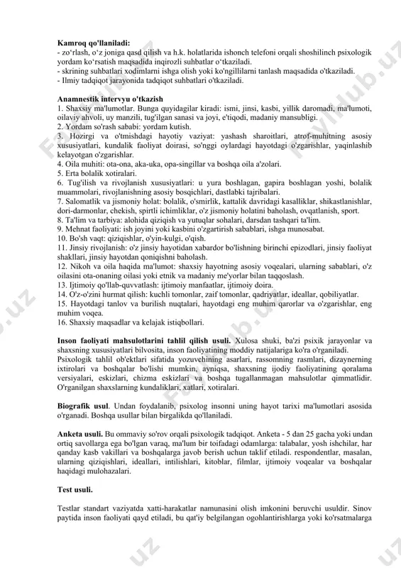 va terapiya natijalarini baholash, bemorning sog'lig'ining sub'ektiv modelini va afzal ruhiy holatini aniqlash. biroq, intervyu o'tkazayotganda, tibbiy psixolog bemorning samimiyligi, tadqiqotchiga bo'lgan munosabati bilan bog'liq bir qator hal qilib bo'lmaydigan muammolarga duch keladi. tadqiqotchi bilan etarlicha psixologik aloqada bo'lmaganda, bemorda "yuzni yo'qotish" qo'rquvi, shubha, ishonchsizlik va standart, stereotipik javoblar yordamida vaziyatdan chiqish istagi paydo bo'lishi mumkin, bu sub'ektning fikriga ko'ra, qabul qilingan me'yorlarga mos keladi. aksincha, psixologga yaxshi munosabatda bo'lgan holda, bemorda uni mamnun qilish, kutilgan javobni "iltimos" qilish uchun ongsiz istak paydo bo'lishi mumkin. psixologning o'zi, kuzatuv holatida bo'lgani kabi, sub'ektivlikdan holi emas: bemor bilan jonli muloqot jarayonida unga shaxsiy munosabatdan mavhum bo'lish qiyin bo'lishi mumkin, bu esa tegishli oqibatlarga olib kelishi mumkin. klinik intervyuning muvaffaqiyati tibbiy psixologning malakasiga bog'liq bo'lib, u bemor bilan aloqa o'rnatish, unga o'z fikrlarini imkon qadar erkin ifoda etish imkoniyatini berish va shaxsiy munosabatlarni tarkibdan "ajratish" qobiliyatini o'z ichiga oladi. suhbatdan. 4. bemorning oldindan …