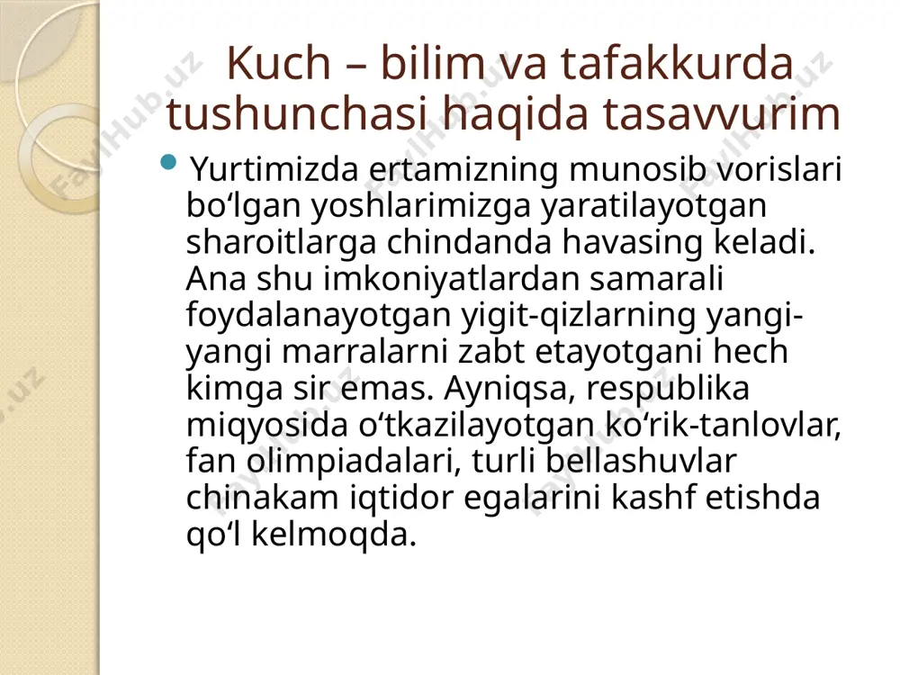 ining ham tajribasini qayta ishlab chiqish natijasidir. bu tajriba til yordamida og‘zaki va yozma nutqda (o‘qituvchilar ma’ruzalarida, kitob, darsliklarda va h.k.) ifodalangan. shuning uchun tafakkur ko‘plab odamlar bilimlarini umumlashtiradi. tafakkur jarayonida inson amaliy faoliyat, obrazlar va tasavvurlar, modellar, chizmalar, belgilar, til kabi jismli va ijtimoiy olamning ahamiyatli aloqa va munosabatlariga kirib borish maqsadida, insoniyat tomonidan ishlab chiqilgan turli xildagi vositalardan foydalanadi. tafakkurning ikkinchi muhim belgisi voqelikni analizatorga bevosita ta’sir ko‘rsatmay, ko‘pchilik hollarda asboblar ko‘magida olingan qo‘shimcha belgilar yordamida anglanadiganlarni tushunish va namoyon qilish imkonini yaratuvchi vositali tarzda aks ettirishdir. hodisalarning qonuniyatlari, ichki aloqalari bizning ongimizda hodisalarning tashqi belgilarida vositali tarzda namoyon bo‘lishi bilan inson ichki, barqaror o‘zaro aloqalarning belgilarini aniqlab oladi. tafakkurning o‘ziga xos xususiyati bilish yoki amaliy faoliyat jarayonida yuzaga keladigan u yoki bu vazifani bajarish bilan bog‘liqligidan iborat. tafakkur muammoli vaziyatdan, tafakkurning maqsadi bo‘lgan savolga javobdan boshlanadi. milliy g`oyaning ishonch va e'tiqodga aylanish shart-sharoitlari, jarayoni muhim jihati shundan …