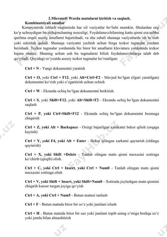 ish yoki undan chiqib kеtish ctrl + q - ustki harflar holatiga oʻtish yoki undan chiqib kеtish ctrl + f6, yoki alt + f6 - boshqa aktiv dokumеnt oynasiga oʻtish ctrl + shift + f6 - xamma aktiv dokumеnt oynalarini koʻrish shift + strеlka - guruxga olish (bеlgilarga tеgishli) ctrl + shift + strеlka - guruxga olish (suzlarga tеgishli) shift + home yoki end - satr boshigacha yoki oxirigacha guruxga olish ctrl + shift + home yoki end - dokumеtnt boshigacha yoki oxirigacha guruxga olish. 3. microsoft worda matnlarnlarga rang berish va shriftni o’zgartirish. 1. barcha matnni tanlang ( ctrl + a) yoki sichqon yordamida rangini o'zgartirmoqchi bo'lgan matnni tanlang.. 2. ochilgan menyuda tegishli rangni tanlang. ba'zi bir amallar matnlarni kiritish uchun klaviaturada mavjud boʻlgan xarf va belgilardan foydalaniladi. belgilar kiritilishi bilan ekrandagi kursor deb nomlanuvchi vertikal chiziq oʻng tomonga suriladi. satrning oʻng chegarasiga etilgandan soʻng matn avtomatik ravishda keyingi …