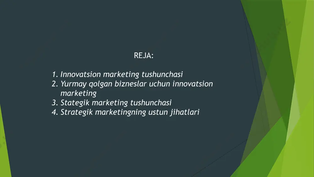 hdan iborat. aslida, ichki iqtisodiy muhit tashqi sharoitlar bilan muvozanatga keltiriladi. strategik marketing bir vaqtning o'zida bitta kompaniyani rivojlantirish dasturini yoki bir nechta rejalarni yaratishni o'z ichiga olishi mumkin. muvaffaqiyatning kaliti - bu reklama qilinadigan mahsulotga, kompaniya vakili bo'lgan bozorga nisbatan samarali bo'ladigan strategiyani tanlash. strategiya quyidagilarni o'z ichiga olishi mumkin: biznes aloqalarini kengaytirish; firmaning ichki tuzilishini takomillashtirish; yangi bozorlarni rivojlantirish; istiqbolsiz sohada faollikning pasayishi; zararli faoliyat sohalarini yopish; chet elda filiallar ochish; strategik marketing yuridik shaxs tanlagan bozor xususiyatlarini hisobga oladigan qandaydir dasturdan foydalanishni nazarda tutadi. turli kompaniyalar bir-biridan tubdan farq qiladigan dasturlardan foydalanadilar - hamma narsa individualdir, shuning uchun kompaniya faoliyatining xususiyatlarini hisobga olgan holda o'z rejangizni o'zingiz ishlab chiqishingiz kerak. ishning ajralmas vositalari orasida matematik bozor modellari, o'yin nazariyasi qonunlari, xavflarni tahlil qilish va eng mos rivojlanish yo'llarini tanlash mavjud. firmaning strategik marketingi bir vaqtning o'zida bir nechta yondashuvlarni birlashtirishi mumkin. kompaniyani uzoq muddatli istiqbolda rivojlantirish dasturini …