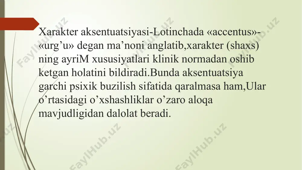atologiyaning o’rni to’ldirilmaydi. yopiq aksentuatsiya-normaning odatiy holatda namoyon bo’lishi.xarakterning aksentuatsiyalangan jihatlari psixik jarohatlar sabab namoyon bo’lishi mumkin,ammo u sotsial dezadaptatsiyaga olib kelmaydi. xarakter aksentuatsiyasi tiplari xarakter aksentuatsiyasi bo’yicha izlanishlar natijasida uning bir nechta tiplari farqlangan va o'rganilgan.ilk aksentuatsiyaga oid tipologiyani 1968-yilda karl leongard yaratgan bo’lib,u ,asosan ,12 xil tipdan iborat bo’lgan. affektiv-labil •qoloq affektiv-ekzaltirlangan •introvert qo’zg’aluvchan •xavotirli demonstrativ •ekstravert distim •emotiv pedantik •gipertim xarakter aksentuatsiyasi tipologiyasi 1977-yilda a.y.lichko ham o’z aksentuatsiya tipologiyasini ishlab chiqqan,ammo uning tipologiyasi o’ziga xos bo’lib,faqatgina o'smirlar uchun ishlab chiqilgan edi: epileptik •psixoastenik isterik •konform gipertim •psixonevrotik sikloid •beqaror shizoid •sensitiv xarakter aksentuatsiyasi tipologiyasi karl leongard bo’yicha aksentuatsiya tiplariga quyidagicha ta’riflar berish mumkin: gipertim- faoliyatga va tajribaga intilish, nekbinlik, omadga e'tibor berish; distim - axloqiy jihatlarni, his-tuyg'ularni va qo'rquvni ta'kidlaydigan ichki holat, muvaffaqiyatsizlikka e'tibor berish; affektiv-labil (kuchli ifodalanganda "siklotimik") – gipertim va distim holatlarning davriy o'zgarishi; affektiv-ekzaltir - ilhom, his-tuyg'ularning kuchli ekanligi xavotirli - qo'rqoqlik,, kamtarlik emotiv …