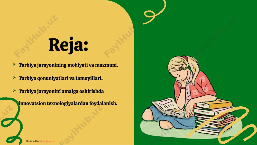 qib belgilanadi. bugungi kunda oʻzbekiston respublikasida tashkil etilayotgan tarbiyaning asosiy maqsadi barkamol shaxsni tarbiyalab voyaga yetkazishdan iboratdir. tarbiyaning maqsadi natijasi barkamol avlodni shakllantirishdir. bu jarayon ikki tomonlama boʻlib, uyushtirish va rahbarlikni, shuningdek, oʻquvchi shaxsning oʻzi tomonidan faollik koʻrsatishni taqozo etadi. bu jarayonda pedagog yetakchi vazifani bajaradi. tarbiya – shaxsni maqsadga muvofiq takomillashtirish uchun uyushtirilgan pedagogik jarayon boʻlib, tarbiyalanuvchining shaxsiga muntazam va tizimli ta’sir etish imkonini beradi. tarbiya - shaxsda muayyan jismoniy, ruhiy, axloqiy, ma’naviy sifatlarni shakllantirishga qaratilgan amaliy pedagogik jarayon; insonning jamiyatda yashashi uchun zarur boʻlgan hissiyotlarga ega boʻlishini ta’minlash yoʻlida koʻriladigan chora-tadbirlar yigʻindisi. tarbiya yordamida inson shaxsining ma’naviy jihatlarini qaror toptirish koʻzda tutiladi. dunyoqarash, e’tiqod ezgulik, goʻzallik, yaxshilik, odatlilik va koʻnikmalarning shaxs sifatiga aylantirilishi tarbiya yordamida amalga oshiriladi. tarbiya tamoyillari tarbiya tamoyillari deb yosh avlodni tarbiyalash maqsadidan kelib chiqadigan va komil insonni tarbiyalashning mazmuni va yoʻnalishiga qoʻyiladigan eng muhim talablarni belgilab beruvchi asosiy gʻoya va qoidalar yigʻindisiga aytiladi. tarbiya …