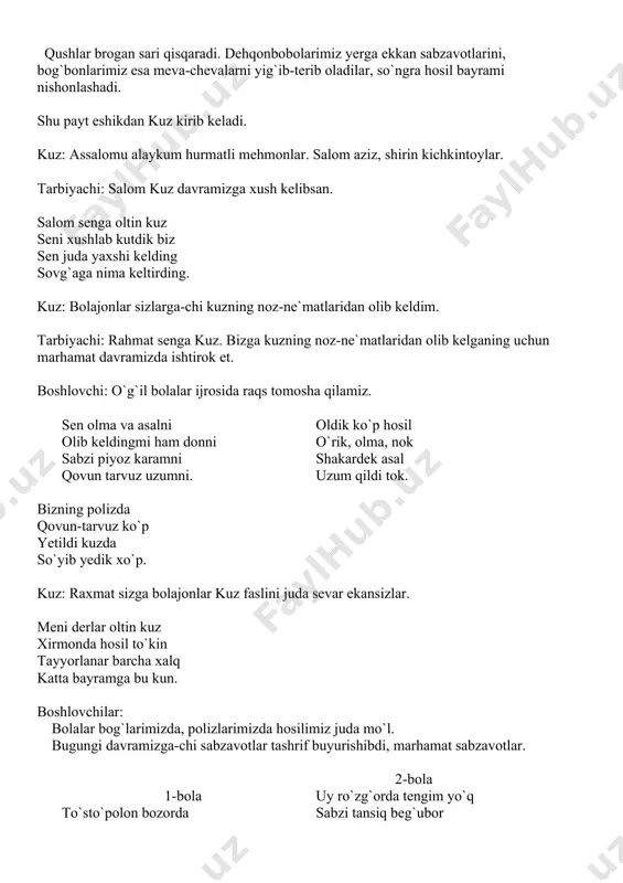 mda. xo`roz sholg`omni olib ketadi, so`ngra g`oz kirib keladi. mana men g`ozvoy-g`ozvoy hech kim yo`qmi hoy-hoy qnday yaxshi polizda ovqat bo`lsa yonimda. g`oz pomidorni olib ketadi, so`ngra echki kirib keladi. mana men echkijon, echki me-me-me qanday yaxshi polizda ovqat bo`lsa yonimda. echi sabzi, piyozni olib ketadi. shu payt sakrab, sakrab quyonchalar kirib keladi. kelib qoldi omadim polizga tushib qoldim keling shalpangquloqlar sabzi karam yeb qoling. shu payt ikkinchi quyon kirib keladi. o`rtoqjon qaragin polizda katta-katta sersuv karamlar o`sib yotibdi, kel mazza qilib yeymiz. ular karamlar bilan raqsga tushadilar. shu payt vali qorovul uyg`onib qoladi. vali: ha, endi qo`lga tushdilaringmi? endi mendan qochib qutula olmaysizlar. valining jahli chiqib to`nkaga o`tirib oladi. vali: qani karam, qani sabzilar? piyozlar yo`q, ko`katlar qani? sho`rim quridi. shu payt xo`roz kirib keladi. -qu-qu-qu. xafa bo`lma azim vali. sen xushyor bo`la olmading. o`z ishingga yengil qarading. endi bunday qilmagin. biz sening oldingga bayramni birga o`tkazgali keldik. echki: …