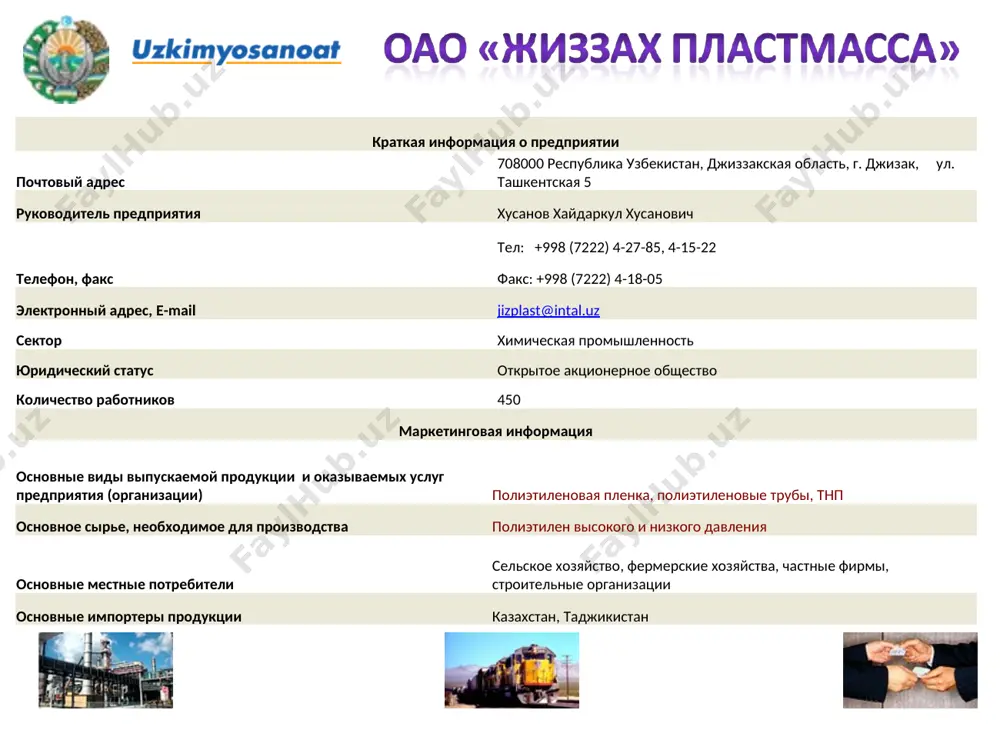 фосфат основное сырье, необходимое для производства действующие вещества и компоненты основные местные потребители сельское хозяйство основные импортеры продукции таджикистан краткая информация о предприятии почтовый адрес 702419 республика узбекистан, ташкентская область, г.алмалык, промзона руководитель предприятия касас хосе мария телефон, факс тел: +998 (71) 136-79-96 факс: +998 (7161) 2-13-52 электронный адрес, e-mail uee@bcc.com.uz сектор химическая промышленность юридический статус совместное предприятие количество работников 43 маркетинговая информация основные виды выпускаемой продукции и оказываемых услуг предприятия (организации) производство взрывчатых веществ типа «манфо» основное сырье, необходимое для производства аммиачная селитра основные местные потребители строительная и горнодобывающая промышленность краткая информация о предприятии почтовый адрес 712024 республика узбекистан, ферганская область, г. фергана, ул. химиков 1 руководитель предприятия лопанов вячеслав иванович телефон, факс тел: +998 (3732) 22-37-22, факс: +998 (3732) 222142 электронный адрес, e-mail chemfiber@vodiy.uz valtom49@mail.ru сектор химическая промышленность юридический статус государственное предприятие количество работников 1200 маркетинговая информация основные виды выпускаемой продукции и оказываемых услуг предприятия (организации) ацетатные нити, …