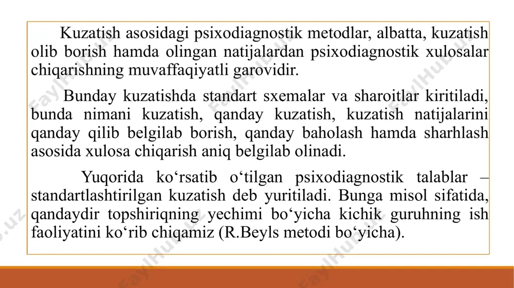 l qildi. ananev har bir metodni aniqroq tasvirlab berdi. m.s. rogovin va t.b. zapevskiylarning fikricha, metod bu – idrok jarayonida ob`ekt va sub`ekt orasidagi ba`zi bir nisbatlarning ifodalanishidir. ular asosiy psixologik metodlarning sonlarini 6 taga birlashtirishadi. 1) germenevtik – fanning bo’linmagan yakka holatiga to’g`ri keladi; 2) biografik metod – psixika to’g`risidagi fanning yakka ob`ektiv idrokini ko’rsatish; 3) kuzatish – idrok ob`ekti va sub`ekti farqlanadi; 4) o’z-o’zini kuzatish - sub`ektni oldingi farqlanish asosida ob`ektga aylanishi; 5) klinik – birinchi o’ringa mexanizmning tashqi kuzatuvchidan ichki kuzatuv mexanizmiga o’tish vazifasi chiqadi; 6) eksperiment sub`ekti ob`ekt idrokining faol qarshiligi sifatida, sub`ektning roli idrok jarayonida hisobga olinadi. 14 psixologiyada boshqa fanlar analogiyasi bilan uchta metodlar tasnifini ko’rsatish maqsadga muvofiqdir: 1. empirik, tekshirish sub`ekti va ob`ektining tashqi real munosabatlari amalga oshiriladi; 2. nazariy, sub`ekt ob`ektning hayotiy modeli bilan o’zaro munosabatda bo’ladi; 3. sharhlash va tasvirlash, bunda sub`ekt «tashqaridan» ob`ektning simvolik – belgisi bilan munosabatda bo’ladi. psixologik …