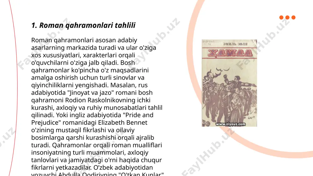rchilikda ekologik toza va energiya tejamkor qurilish usullari qo'llanmoqda, bu esa barqaror rivojlanishni ta'minlashga yordam beradi. ... t.me/slaydai_bot realizm adabiyotda va san'atda haqiqatni iloji boricha to‘g‘ri aks ettirishni maqsad qilgan yo‘nalishdir. bu yo‘nalish xix asrning ikkinchi yarmida shakllangan. realizmda jamiyat, shaxs, va turli muammolar real holatda tasvirlanadi. realizmning asoschisi sifatida fransada oygen de lamartin, angliyada charlz dikkens, rossiyada lev tolstoy kabi yozuvchilar qayd etiladi. realizm elementlari asosan aniq va batafsil tasvir, ijtimoiy va psixologik tahlillar, zamonga xos muammolarni ko‘rsatish orqali namoyon bo‘ladi. realizmda obrazlarning hayoti va faoliyati realistik kontekstda tasvirlanadi, bu orqali o‘quvchilar yoki tomoshabinlar turmush haqiqatiga yaqin bo‘ladi. ... t.me/slaydai_bot 7. oila va jamiyat munosabatlari oila va jamiyat munosabatlari mavzusida, oilaning jamiyatdagi o‘rni muhimdir. ayni damda o‘zbekiston aholisi tahminan 36 millionni tashkil etadi. o‘zbekistonda 2019 yilgi statistik ma’lumotlarga ko‘ra, oilalarning o‘rtacha kattaligi 4,9 kishini tashkil etgan. oilaviy qadriyatlar va an’analar jamiyatni mustahkamlovchi asosiy omildir. milliy statistika qo‘mitasi ma’lumotlari bo‘yicha, …