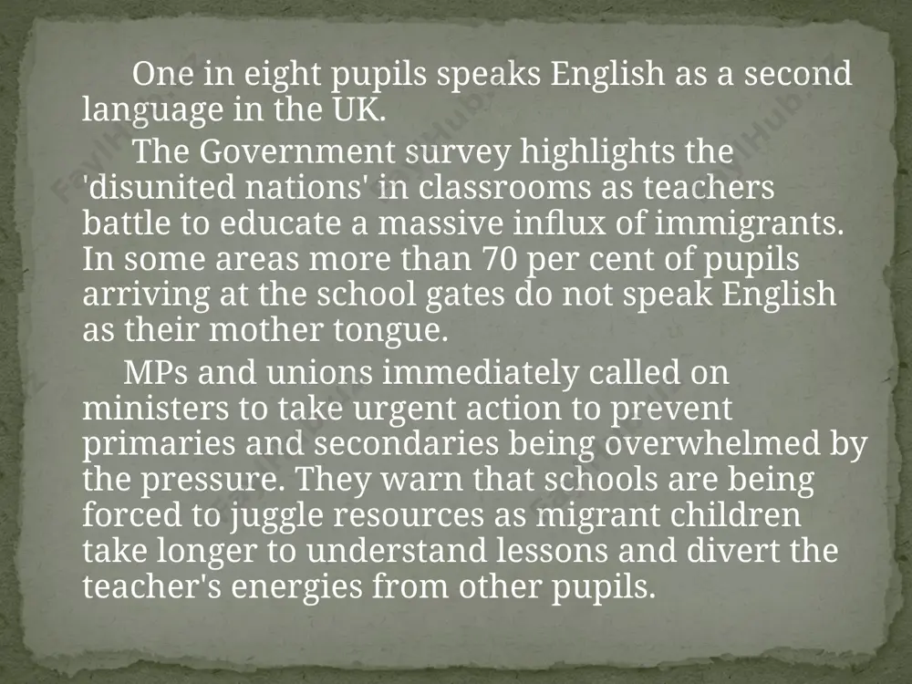 sharp increase in recent years were likely to be hardest hit, and teachers in these areas needed special help to manage the influx. some schools have launched drives to recruit bilingual teaching assistants to help out. philip parkin, general secretary of voice, formerly the professional association of teachers, said: 'we want childrens' experience of school to be enjoyable and often non-english speakers are the most motivated and quickest to learn. 'but when you have one child coming into the classroom who doesn't speak english, it makes it very, very difficult for teachers. if you have more than one, that becomes a huge headache. there is also a concern that resources have to be spread too thinly in the classroom.' damian green, the tory immigration spokesman, said schools are being let down by the government because ministers do not have a clue who is arriving in britain. he added: 'in the …