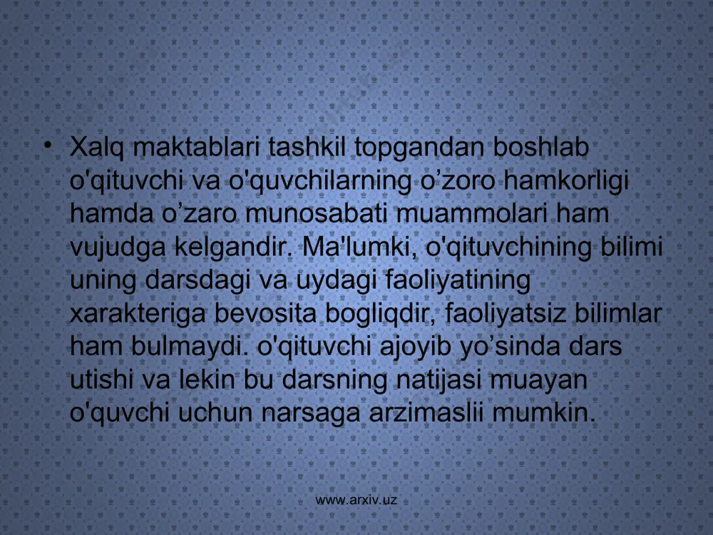 vofiq tashkil etilgan mashg’ulot turi dars tipi deb ataladi. ayni vaqtda ta'lim tizimida eng ko’p ko'llanadigan dars tiplari quyidagilar: yangi bilimlarni bayon qilish darsi. yangi o'tilgan materialni mustahkamlash darsi o'quvchilarning bilim, ko’nikma va malakalarini tekshirish darsi takrorlash umumlashtiruvchi va kirish darslari aralash darslari www.arxiv.uz www.arxiv.uz www.arxiv.uz www.arxiv.uz muayyan dars tipi asosida olib boriladigan mashg’ulotlarda ikkinchi, uchinchi bir dars tipining turlari bo'lishi mumkin. misol uchun, ta'lim muassasalarida eng ko’p qo'llaniladigan dars tiplarining biri-ya'ni bilimlarni bayon qilish darsida quyidagi holatlar omalga oshirilishi mumkin: yangi bilimlarni baen kilish; yangi bilimlarni mustahkamlash; v) yangi bilimlar ustida mashq utkazish; g) yangi bilimlarga bog’liq holda uy vazifalarini topshirish va hokazo. www.arxiv.uz www.arxiv.uz demak, dars umuman jarayon davomida bir dars tipi asosida tashkil etilmaydi. shunga qaramay darsning maqsadi o'quvchilarga yangi bilim berishga qaratilgan bo'lsa, butun didaktik usullar ana shunga bo’ysindiriladi. shuning uchun ham bunday dars yangi bilim berish darsi deb ataladi. muayan dars tipi bilan ish ko'rilaetganda …