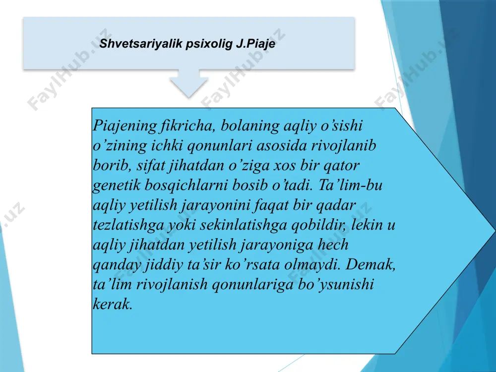 os - tushuncha, talimot) amaliy faoliyatini tashkil etish va amalga oshirish tamoyillari, usullari tizimi hamda ushbu tizim haqidagi talimotdir. metodlar – psixologiyani o'rganish usullari va yo'llari yig'indisi, "metod" bu bilish, anglash yo'li bo'lib, bu usul orqali fanning predmeti aniqlanadi. (s.l.rubinshteyn). 20 fanning umumiy metodologiyasi metod va metodikalari orasidagi bog'liqlik sxemasi berilgan. 21 xulosa va tavsiyalar materiallarni qayta ishlash tadqiqot maqsadidan kelib chiqqan holda aniq metodlardan foydalanish metodik tamoyillarga javob beruvchi psixikaning namoyon bo'lishiga doir faktlarni o'rganish usullari, tadqiqot metodlari. psixologiya predmetini ilmiy tushunish. fan metodologiyasi. psixologik tadqiqotlarning tashkil etilishiga va o'tkazilishiga qo'yiladigan talablar: tadqiqotlarni rejalashtirish. metod va metodikalarni tanlash va ularni sinab ko'rish tadqiqotni o'tkazish joyi tadqiqotni texnik jihozlash tadqiq qilinuvchilarni tanlash 22 tadqiqotchi, shubhasiz, tadqiqotning borishiga tasir etadi va tadqiqotni rejalashtirishdan to xulosa va tavsiyalar chiqarishga qadar ma'suliyatni his qiladi va bu muhim ahamiyatga ega ko'rsatma – u aniq va qisqa bo'lishi lozim tadqiqot qoidasi bayonnoma to'liq va maqsadga …