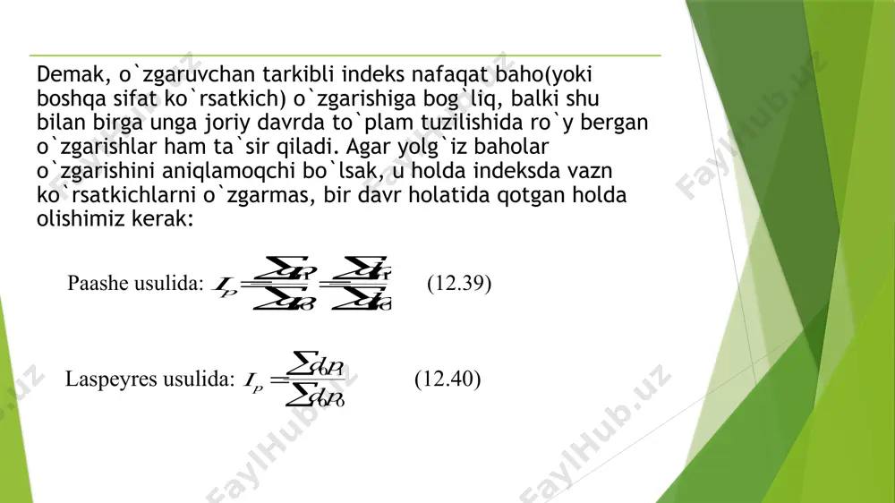  11 10 11 10 (12.39) laspeyres usulida: i dp dp p    01 00 (12.40) o`rtacha baho (yoki boshqa sifat ko `rsatkich) o`zgarishiga ikkinchi omil - to`plam tuzilishidagi o`zgarishlar ta`sirini aniqlash uchun tuzilishdagi siljishlar ta`siri indeksini hisoblashimiz lozim: paashe usulida: i dp dp qp q qp q p         11 01 11 1 01 1 : (12.41) laspeyres usulida: i dp dp qp q qp q p         10 00 10 1 00 0 : (12.42) baholar va to`plam tuzilishidagi siljishlarni alohida -alohida, yolg`iz holda qarayotganda laspeyres usulida tuzilgan indekslar ahamiyatliroqdir. ammo ularni bog`langan tizim doirasida qaraganda baholar indeksini paashe usulida, tarkibiy siljishlar indeksini esa laspeyres usulida tuzish maqulroqdir. 12.1 jadval ma`lumotlariga asosan go `sht mahsulotlari uchun: 98,3% yoki 0,983=1.008*0.975= i*i=i 100,8% yoki 1.008= 1462.5 1475.0 = 1800*0.25+1350*0.75 2000*0.25+1300*0.75 = pd pd = …
