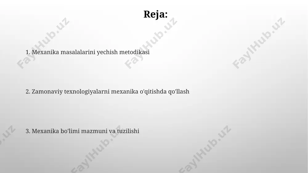 ining kattaligi suyuqlikka botirilgan jismning hajmi va suyuqlik zichligiga bog'liq bo'lib, vρg formulasi bilan hisoblanadi, bu yerda g – erkin tushish tezlanishi. suyuqliklar mexanikasida pascal qonuni bosimning suyuqlik ichida barcha yo'nalishlarda bir xil tarqalishini, ya'ni 100 pa bosim 100 pa kuch bilan har tomonga ta'sir etishini tushuntiradi. kuch turlari va ularning ta'siri kuch turlarini (masalan, gravitatsion, elektromagnit, kuchsiz va kuchli yadro kuchlari) ta'sir doirasi va ularning o'lchamlarini solishtirish orqali tushuntirish 4 ta asosiy kuch turini o'rganishga imkon beradi. neyutonning ikkinchi qonunini (f=ma) qo'llab, turli kuchlar ta'sirida harakatlanuvchi jismlarning tezlanishini hisoblash va 0 dan 10 m/s² gacha bo'lgan tezlanishlarni tahlil qilish zarur. ish va energiya tushunchalari ish va energiya o'rtasidagi asosiy farq, ishning vektor miqdor, energiyaning esa skalyar miqdor ekanligidadir, bu ularning hisoblanish usullarini farqlaydi. potensial energiya, masalan, 10 kg og'irlikdagi jism 5 metr balandlikda 490 j potensial energiyaga ega bo'ladi (g=9.8 m/s²). impuls va impuls teoremasi 1 кг массали жисмга …