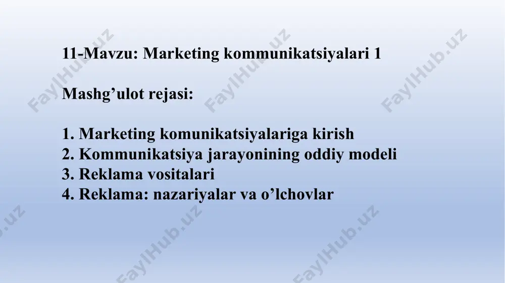 klarni tug`diradi. integratsiyalashgan marketing kommunikatsiyalari yangi marketing kommunikatsiyalar modeli ba`zi bir faktorlar hozirgi marketing kommunikatsiyalar yuzini o`zgartiryapti. iste`molchilarni o`zgarishi marketing strategiyalar o`zgarishi raqamli texnologiyalar sohasidagi ulkan yutuqlar kontent marketingi - bu aniq belgilangan auditoriyani jalb qilish va saqlab qolish uchun qimmatli, dolzarb va izchil kontentni yaratish va tarqatishga yo'naltirilgan strategik marketing yondashuvi va pirovardida mijozlarning daromadli harakatini qo'llab-quvvatlash. kontent marketing - toʻlangan, egalik qilingan, ishlab topilgan va umumiy kanallar orqali isteʼmolchilar bilan va ular oʻrtasida brend xabarlari va suhbatlarini yaratish, ilhomlantirish va almashish. yangi marketing kommunikatsiyalar modeli yuboruvchi. kodlash. xabar. media. dekodlash. qabul qiluvchi. javob. fikr-mulohaza. shovqin. samarali muloqot qilish uchun sotuvchilar aloqa qanday ishlashini tushunishlari kerak aloqa jarayonining ko'rinishi. endi biz samarali integratsiyalashgan aloqa va reklama dasturini ishlab chiqish bosqichlarini ko'rib chiqamiz. marketologlar quyidagilarni bajarishlari kerak: maqsadli auditoriyani aniqlash, aloqa maqsadlarini aniqlash, xabarni loyihalash, xabar yuborish uchun vositani tanlash, xabar manbasini tanlash va fikr-mulohazalarni yig'ish. samarali marketing kommunikatsiyalarini rivojlantirish …