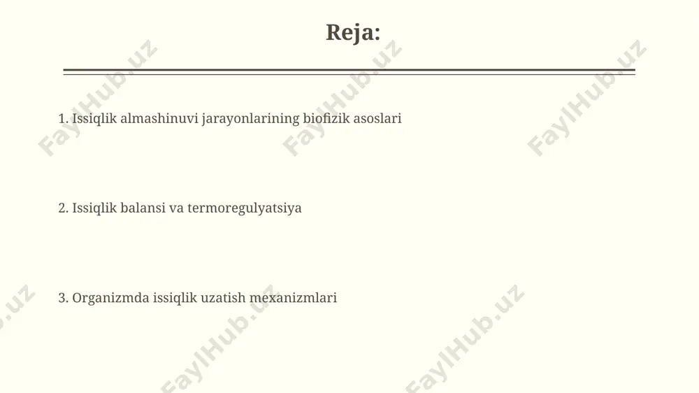 muhim ahamiyatga ega. terining roli o'rta osiyo sharoitida, 40°c dan yuqori havo haroratida, inson tanasi suvsizlanishni oldini olish uchun soatiga 1 litrdan ortiq ter ajratib, issiqlik yo'qotishi kerak. inson terisida 2-3 million ter bezlari mavjud bo'lib, ularning har biri sekundiga 0,5 mikrolitir ter ajratadi va bu jarayon tanadagi issiqlikni samarali tarqatishiga hissa qo'shadi. termoregulyatsiyaning buzilishi termotergülatsiyaning buzilishi, masalan, gipertermiya, 40°c dan yuqori tana harorati bilan tavsiflanadi va isitma, quyosh urishi yoki issiqlik zarbasini o'z ichiga olishi mumkin, bu esa hatto o'limga ham olib kelishi mumkin. termotergülatsiyaning buzilishi, miya faoliyatining 37°c dan yuqori harorat ta'sirida pasayishiga, neyronlarning shikastlanishiga va hatto halokatli natijalarga olib kelishi mumkin, bu esa qon aylanish tizimining ishlashi bilan bog'liq. radiatsiya qo'shma shtatlarda o'tkazilgan tadqiqotlar shuni ko'rsatdiki, inson tanasining radiatsion issiqlik yo'qotishi taxminan 60 vt ni tashkil qilishi mumkin, bu esa individual farqlar va atrof-muhit omillariga bog'liq. inson tanasining 90%dan ortig'i suvdan iborat bo'lib, u infraqizil nurlanishni 90% …