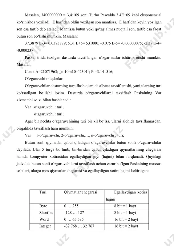 ko‘p hollarda real turli o‘zgaruvchilardan foydalanish yetarli bo‘ladi. belgili o‘zgarmaslar qiymatini qabul qiluvchi o‘zgaruvchilar belgili o‘zgaruvchilar deyiladi. ular paskalning char maxsus so‘zi yordamida tavsiflanadi. masalan: var harf, belgi : char; satrli o‘zgaruvchilarni tavsiflash uchun paskalning string maxsus so‘zi qo‘llaniladi. bunday o‘zgaruvchilar uchun kompyuter xotirasidan 255 bayt (255 ta belgi uchun) joy ajratiladi. agar satrli o‘zgaruvchi qabul qiladigan satrdagi belgilar soni dastur ishlashi davomida ma’lum miqdordan, masalan, 10 ta belgidan oshmasa, kompyuter xotirasini tejash maqsadida, uni string[10] orqali tavsiflash maqsadga muvofiq. masalan: var qator : string; {qator nomli o‘zgaruvchiga xotiradan 255 bayt ajratildi} _satr : string[24]; {_satr nomli o‘zgaruvchiga xotiradan 24 bayt ajratildi} mantiqiy o‘zgaruvchilar paskalning boolean maxsus so‘zi orqali tavsiflanadi. masalan: var natija : boolean; katta, kichik : boolean; paskalda tilida tuzilgan dasturda faqat tavsiflangan o‘zgaruvchilar ishtirok etishi mumkin. paskal translyatori tavsiflanmagan o‘zgaruvchilarni dasturda ishlatishga yo‘l qo‘ymaydi hamda xato xabarini ekranga “error 3: unknown identifier” (noma’lum identifikator, ya’ni bu holda …