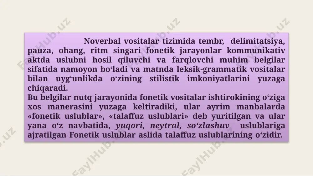 a nutqda lingvistik vazifa tarkibida stilistik vazifa ham bajaradi. urg‘u fonostilistika uchun fonetik vositalar tizimida muhim o‘rin tutadigan supersegment vosita – urg‘uning ahamiyati g‘oyatda kattadir. fonetik vositalar – ovozni baland qilish, ohangni kuchaytirish yo‘li bilan so‘z yoki so‘z birikmasi tarkibidagi bo‘g‘inni ajratish, unga urg‘u berish fonostilistikada aksent hisoblanadi. nutq tempi fonetikada supersegment vositalardan biri sifatida qaraladigan temp deyilganda nutq sur’ati, ya’ni nutq oqimining tez-sekinligi va nutq parchalari orasidagi pauza (to‘xtam) tushuniladi. nutq jarayonida so‘zlovchining tovushlarni talaffuz qilish darajasi turlicha – tez, sekin yoki o‘rtacha bo‘lishi mumkin. gap tempi gap talaffuzida unga ketgan vaqt bilan o‘lchanadi. image1.png image2.png image3.jpg image4.png image5.png image6.png image7.png