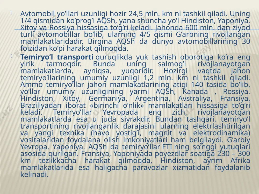rivojlanganlik darajasini ularning elektrlashtirilgan va yangi texnika (havo yostig’i, magnit va elektrodinamika) vositalaridan foydalana olish imkoniyatlari ham belgilaydi. g’arbiy yevropa. yaponiya. aqsh da temiryo’llar fti ning so’nggi yutuqlari asosida qurilgan. fransiya, yaponiyada poyezdlar soatiga 230 – 300 km tezlikkacha harakat qilmoqda, hindiston, ayrim afrika mamlakatlarida esa haligacha paravozlar xizmatidan foydalanib kelinadi. quvur transporti jahonning neft va tabiiy gaz ko’p miqdorda qazib chiqariladigan va ularni iste’mol qiladigan mamlakatlarda, ayniqsa, rivojlangan. jahon neft va gaz quvurlarining umumiy uzunligi 1,5 mln. km dan iborat. bu ko’rsatkich yildan-yilga oshib bormoqda, asosiy neft quvurlari tarmog’i neft qazib chiqaruvchi va uni iste’mol qiluvchi yirik davlatlar (aqsh, sobiq ittifoq mamlakatlari, kanada, xitoy va boshqalar)da, neft eksport qiluvchi (saudiya arabistoni, iroq, eron, jazoir, liviya, meksika, venesuela) va iste’mol qiluvchi (fransiya) mamlakatlarida mavjud. asosiy gaz quvurlari tizimi esa deyarli faqat rivojlangan mamlakatlarda tashkil topgan. ular aqsh, sobiq ittifoq mamlakatlari, germaniya, kanada, niderlandiya va boshqa davlatlardir. suv transporti dengiz va …