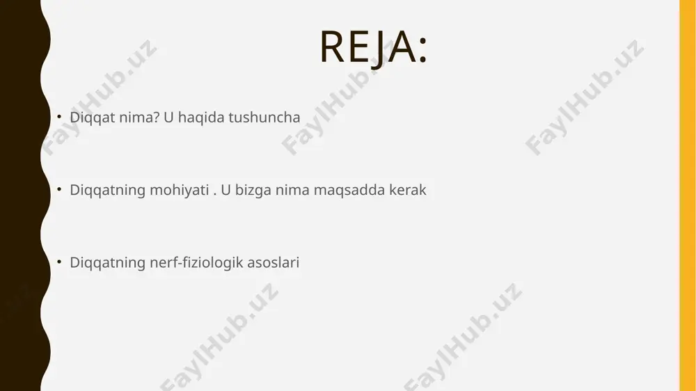 di, chunki muvofiqlashtirilgan ixtiyoriy diqqat paytida irodaviy zo`r berish deyarli bo`lmaydi. shuning uchun diqqatning bu maxsus turi ixtiyorsiz diqqatga nisbatan sifat jihatidan farq qiladi. diqqatning mohiyati.u bizga nima maqsadda kerak diqqatning inson psixik faoliyatida tutgan o‘rnini tushunish uchun o‘zingizni biror-bir jismlar guruhiga qarayotgandek tasavvur qiling. ko‘rish maydoningizning markazida joylashgan ba’zi bir jismlar aniqroq, ko‘rish maydoningizning chetida turganlari esa aksincha idrok etiladi. shunga o‘xshash hodisani ongimizga nisbatan ham tuzish mumkin: faoliyatimiz mohiyati ongimizning markazini egallagan bo‘ladi; ahamiyatga molik bo‘lmaganlari esa ongimizdan chetga surilib qoladi. lekin boshqacha ham bo‘lishi mumkin: siz qandaydir jismga qaragan holda, umuman, boshqa narsa haqida o‘y surasiz. bunda ongingizning «markaziy maydoni» ko‘rayotganingiz bilan emas, o‘ylayotganingiz bilan band bo‘ladi. ongimizni grafik tarzda tasvirlaydigan bo‘lsak, biri ikkinchisiga joylashgan ikki aylana ko‘rinishida chizish zarur. katta aylana aniq bo‘lmagan ong, kichik aylana esa, – aniq ong yoki diqqat deb ataladi. diqqa– bu psixik faoliyatning biror-bir ma’lum narsaga yo‘nalganligi va jamlanganligi. bu hayvonlar, …