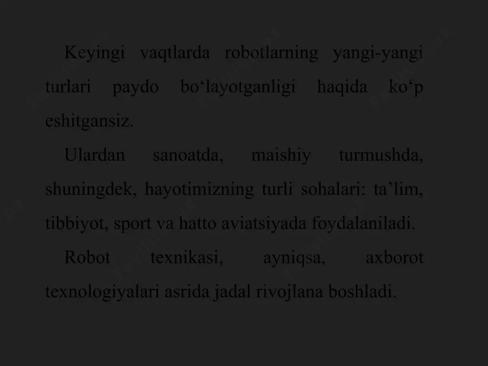 li robotimiz bo‘lishi mumkin. * siz o‘zi yura oladigan, gapira oladigan, kuladigan robotlarni yig‘ishni xohlaysizmi? u holda sizga otto nomli robotni yig‘ishni taklif qilamiz. otto – bu o‘zi nima? otto bu har kim yig‘a oladigan interfaol robotdir. siz otto robotini yig‘ish jarayonida hozirgi zamon texnoliyasida qo‘llaniladigan bir qancha elektron qismlar, sezuvchi sensorlar bilan yaqindan tanishasiz. bundan tashqari, otto – yig‘ma robot jamlanmasini nafaqat yig‘ish, balki “arduino. * ide” dasturlash tili orqali kompyuter yordamida dasturlashtirish bilan ham tanishib olasiz. robotni dasturlash orqali unga turli xil harakatlarni bajartirish mumkin. otto robotini yig‘ish va dasturlashning umuman murakkab tomonlari yo‘q. chunki sizga robotning barcha asosiy algoritmik konstruksiyalari va dasturi hamda yo‘riqnomasi oldindan taqdim qilinadi va tushuntirib beriladi. quyida otto yig‘ma robotining asosiy algoritmik konstruksiyalari bilan tanishib chiqamiz. * * * * * *