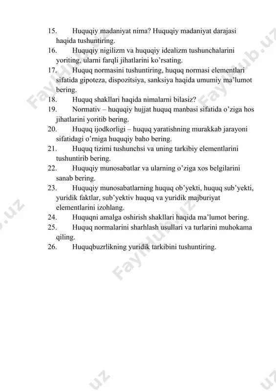 ning murakkab jarayoni sifatidagi o’rniga huquqiy baho bering. 21. huquq tizimi tushunchsi va uning tarkibiy elementlarini tushuntirib bering. 22. huquqiy munosabatlar va ularning o’ziga xos belgilarini sanab bering. 23. huquqiy munosabatlarning huquq ob’yekti, huquq sub’yekti, yuridik faktlar, sub’yektiv huquq va yuridik majburiyat elementlarini izohlang. 24. huquqni amalga oshirish shakllari haqida ma’lumot bering. 25. huquq normalarini sharhlash usullari va turlarini muhokama qiling. 26. huquqbuzrlikning yuridik tarkibini tushuntiring. davlat va huquq nazariyasi fanidan yakuniy nazorat uchun kazuslar 1. davlatning shakllari muayyan tarixiy sharoitlarga, jamiyatning ijtimoiy tuzumiga, jo’g’rofiy, iqlim va boshqa sharoitlariga, aholining ijtimoiy tarkibiga, siyosiy kuchlar nisbatiga bog’liq ravishda turli – tuman bo’lishi mumkin. davlat shakli – bu uning uch ( 3) tarkibiy qismi – boshqaruv shakli, davlat tuzilish shakli va siyosiy idora usuli birlikda olingan siyosiy hokimiyat tashkiloti hisoblanadi. savol: ushbu holatda, davlat shaklining tarkibiy qismlarini muhokama qiling va izohlab bering. 2. sharhlashning rasmiy va norasmiy turlari mavjud. norasmiy sharhlash o’z …