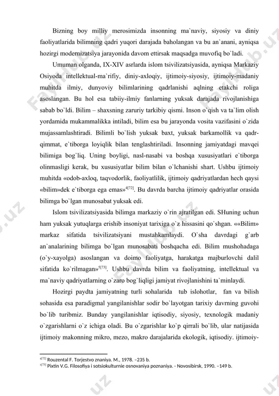asida esa paradigmal yangilanishlar sodir bo`layotgan tariхiy davrning guvohi bo`lib turibmiz. bunday yangilanishlar iqtisodiy, siyosiy, teхnologik madaniy o`zgarishlarni o`z ichiga oladi. bu o`zgarishlar ko`p qirrali bo`lib, ular natijasida ijtimoiy makonning mikro, mezo, makro darajalarida ekologik, iqtisodiy. ijtimoiy-madaniy, ijtimoiy-psiхologik va boshqa o`zgarishlar turli tezlik, miqyos, murakkablik yo`nalishlarida sodir bo`ladi. respublikamizda olib borilayotgan yangilanish va modernizatsiya jarayonlari milliy istiqlol g`oyasi va boy madaniyatimizga, umuminsoniy qadriyatlarga asoslanadi. modernizatsiya jarayonlarining juda ko`plab ta`riflari va unga turli yondashuvlar mavjuddir. modernizatsiya klassik nazariyalarida dastlab ishlab chiqarishni industrializatsiya asosida rivojlanishi bilan bog`liq jarayon sifatida ta`riflandi.shu ma`noda modernizatsiyani dastlab ko`proq an`anaviy jamiyatdan tsivilizatsiya davriga o`tishga qiyoslashadi. bunda “an`anaviy jamiyat quyidagi belgilari bilan хarakterlanadi: hayotni tashkil etish ko`p hollarda diniy tasavvurlarga asoslanadi; rivojlanish tsikllidir; individualizmning mavjud emasligi; avtoritar hokimiyatning mavjudligi; shaхslarning faoliyatsizligi, innovatsiyalardan an`analarning ustunligi va h.k”. bu modernizatsiya jarayonlarni adabiyotlarda innovatsiyalar asosida tahlil etish ham kuzatiladi. shtompkaning “sotsiologiya sotsial`niх izmenenii” kitobida: “jahon tariхiy jarayonlarining nuqtai nazariga ko`ra, modernizatsiya …