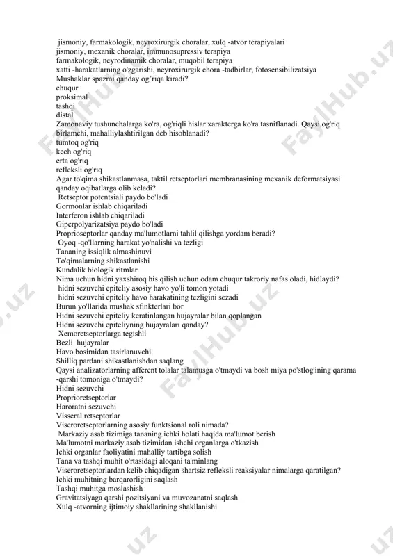 piya xatti -harakatlarning o'zgarishi, neyroxirurgik chora -tadbirlar, fotosensibilizatsiya mushaklar spazmi qanday og’riqa kiradi? chuqur proksimal tashqi distal zamonaviy tushunchalarga ko'ra, og'riqli hislar xarakterga ko'ra tasniflanadi. qaysi og'riq birlamchi, mahalliylashtirilgan deb hisoblanadi? tumtoq og'riq kech og'riq erta og'riq refleksli og'riq agar to'qima shikastlanmasa, taktil retseptorlari membranasining mexanik deformatsiyasi qanday oqibatlarga olib keladi? retseptor potentsiali paydo bo'ladi gormonlar ishlab chiqariladi interferon ishlab chiqariladi giperpolyarizatsiya paydo bo'ladi proprioseptorlar qanday ma'lumotlarni tahlil qilishga yordam beradi? oyoq -qo'llarning harakat yo'nalishi va tezligi tananing issiqlik almashinuvi to'qimalarning shikastlanishi kundalik biologik ritmlar nima uchun hidni yaxshiroq his qilish uchun odam chuqur takroriy nafas oladi, hidlaydi? hidni sezuvchi epiteliy asosiy havo yo'li tomon yotadi hidni sezuvchi epiteliy havo harakatining tezligini sezadi burun yo'llarida mushak sfinkterlari bor hidni sezuvchi epiteliy keratinlangan hujayralar bilan qoplangan hidni sezuvchi epiteliyning hujayralari qanday? xemoretseptorlarga tegishli bezli hujayralar havo bosimidan tasirlanuvchi shilliq pardani shikastlanishdan saqlang qaysi analizatorlarning afferent tolalar talamusga o'tmaydi va bosh miya …