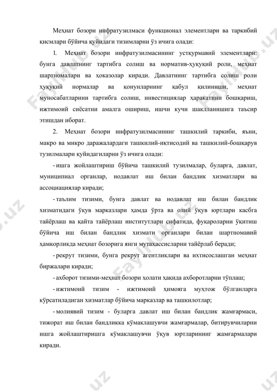 таркибидаги институционал тузилмалар ва ташкилотлар ўртасида юзага келадиган иш билан бандликка оид ижтимоий-иқтисодий муносабатлар уларнинг ўзаро алоқадорлигини таъминлайди. меҳнат бозори субъектлари муносабатлари тизимига махсус органларининг қўшилиши улар ўртасида зиддиятлар бўлмаслигини таъминлаш, турли-туман иқтисодий воситалар ва усуллар, ҳуқуқий нормалар ёрдамида иш билан бандлик жараёнлари ва сиёсатини ташкил этиш ҳамда тартибга солишни таъмин этиш зарур. cамарали иш билан бандликни таъминлаш меҳнат бозорининг бош ижтимоий-иқтисодий функцияси ҳисобланади. меҳнат бозори инфратузилмаси бу функцияни бажарилишини таъминлайди, шундай экан, меҳнат бозори инфратузилмасининг муваффақиятли шаклланиши ва ривожланиши мезони сифатида ишчи кучига талаб ва таклиф ўртасидаги мувозанатни таъминлаш ҳисобланади. шунингдек, меҳнат бозори инфратузилмасининг бош масаласи -меҳнат бозорида ишчи кучига талаб ва таклиф ўртасидаги самарали ҳамкорликни ва иқтисодий шарт-шароитларни таъминлашни назарда тутади. меҳнат бозори инфратузилмасининг асосий функцияси иш берувчи билан ходим ўртасидаги иш кучининг нархи, меҳнат шароити, ходимнинг муайян ижтимоий муаммоларини ҳал қилиш, иш билан банд бўлган ва банд бўлмаган аҳолини касбга тайёрлаш ва қайта тайёрлаш, иш жойларини яратиш …