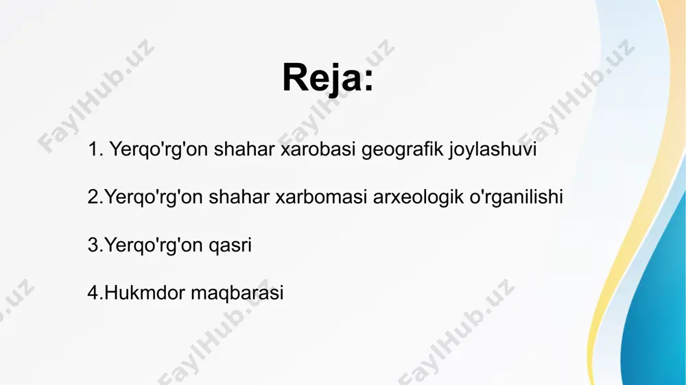 liklar bilan oʻralgan. eng katta balandlik hukmdor qasri ekanligi maʼlum boʻldi. shuningdek, sitadel (qal'a ichidagi qo'rg'on), shahar ibodatxonasi, maqbara, zardushtiylik ibodatxonasi, hunarmandlar mahallalari qazib olindi. yerqoʻrgʻon atrofida, butunlay yoʻqolib ketgan, oʻzaro zich joylashgan shahar oldi imoratlar boʻlgan va ilk ming yillikning birinchi yarmida keng jihozlangan shahar oldi hududi g'arbga tomon qashqadaryo daryosi sohillarigacha choʻzilgan. mudofaa devorlari vohaning dastlabki markaziy shahri mil. avv. viii-vii asrlarga kelib ilk marta himoya devorlari bilan oʻraldi. bu devor keyinchalik buzilib ketgan boʻlib, uning qoldiqlarini kulollar mahallasining eng quyi qismidan topishga erishildi. er. av. vi asrda shaharlar kengayib, yangi devor qurildi. eski devor shahar ichida qolib ketdi va keraksizligi tufayli kulollar tomonidan sopol idishlar tayyorlash uchun loy sifatida ishlatila boshlandi. shuningdek, bu erda yerqoʻrgʻon shahri tarixining intihosigacha faoliyat koʻrsatgan kulollar mahallasi paydo boʻldi. qadimgi devor, aniqrogʻi, uning qoldiqlari eramizning boshlariga kelib, kulollar mahallasi madaniy qoldiqlari ostida koʻmilib ketdi. ichki devorlar 1973 yildan o’zbekiston fanlar akademiyasi arxeologiya …