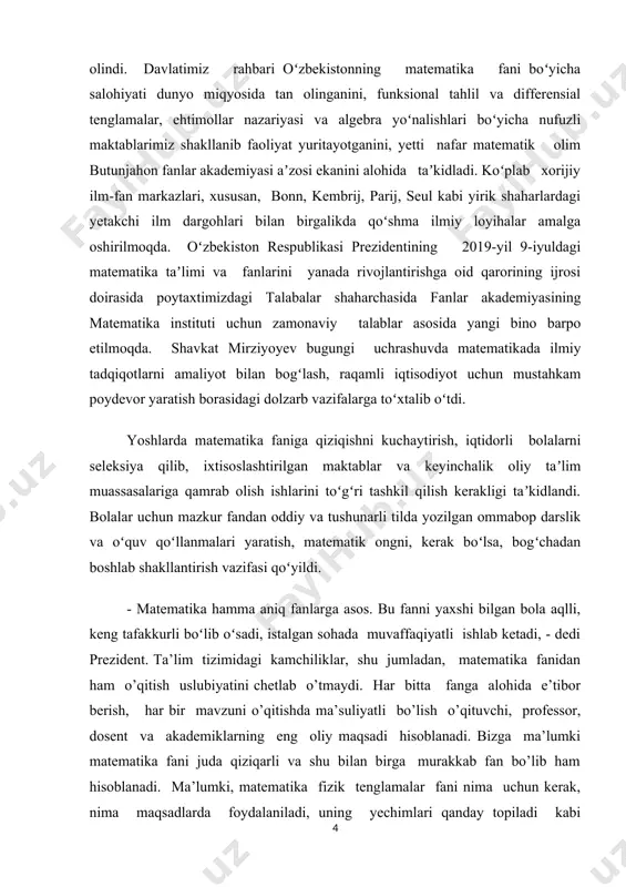 isol, masalalarni yechishdan iborat. kurs ishining vazifalari. oliy ta`lim muassasalari uchun dtc, taqvim rejasi, mavzuga oid mavjud adabiyotlar, internet ma`lumotlarini to`plash va taxlil qilish. matematik fizik tenglamalar fanidan matematik fizikaning asosiy tenglamalarini keltirib chiqarish: tor tebranish tenglamasi; issiqlik tarqalish tenglamasi; statsionar tenglamalar; moddiy nuqtaning og’irlik kuch ta’siridagi harakati va ularga doir masalalar, misollar ishlashdagi kamchiliklarni o`rganib chiqish, kurs ishi yuzasidan olingan nazariy bilimlarni amaliyotda masala va misollarda tadbiq qilib va uning natijalarini taxlil qilish va tegishli xulosalar chiqarish zarur demakdir. kurs ishining tuzilishi. kurs ishi tuzilishiga ko`ra rejasi asosan 4 ga bo`linadi; 1-kirish; 2- asosiy qism; 3- xulosa; 4- foydalanilgan adabiyotlar ro`yxati, hamda ilovadan iborat bo`ldi. davlat taraqqiy topishi uchun avvalombor ilm fan borasida ko`plab yutuqlarga erishmoq demakdir. o’zbekiston respublikasining mustaqilligini mustahkamlash yo’lida yosh avlodni chuqur bilimli, kelajakda yetuk kadrlar qilib yetishtirish uchun hozirgi kunda alohida e’tibor berilmoqda. iqtidorli o’quvchilar bilan ishlash, ularning iqtidorini ro’yobga chiqarish va ularga zamonaviy ilmlarni …