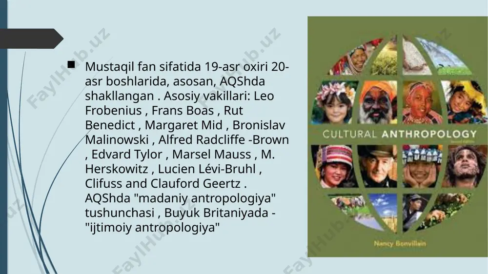 ta” boshqaruv kontseptsiyasi ishlab chiqildi, ya’ni hokimiyatning an’anaviy institutlariga asoslanadi... foydalanilgan adabiyotlar: madaniyatshunoslik antologiyasi. 1-jild: madaniyat talqini. - m.: universitet kitobi, 1997. - 727 b. - (xx asr madaniyatshunosligi). - isbn 5-7914-0022-5 . antropologiya . " dunyo bo'ylab " (2009 yil yanvar). kirish sanasi: 2009 yil 31 iyul. belik a. a. madaniy (ijtimoiy) antropologiya. o'quv qo'llanma. - m .: rggu , 2009. - 613 b. — isbn 978-5-7281-1052-1 . borisov s. b. qizlikning madaniy antropologiyasi. shadrinsk: shadrinsk pedagogika instituti nashriyoti, 2001 - 88 p. borisov s. b. rus kundalik hayotiga oid madaniy va antropologik insholar - lap lambert, 2015—106 b. — isbn 978-3-659-76325-0 boas f. ibtidoiy odamning ongi. - m. , 1933 yil. image1.jpeg image2.jpeg image3.jpeg image4.jpeg image5.jpeg image6.jpeg image7.jpeg