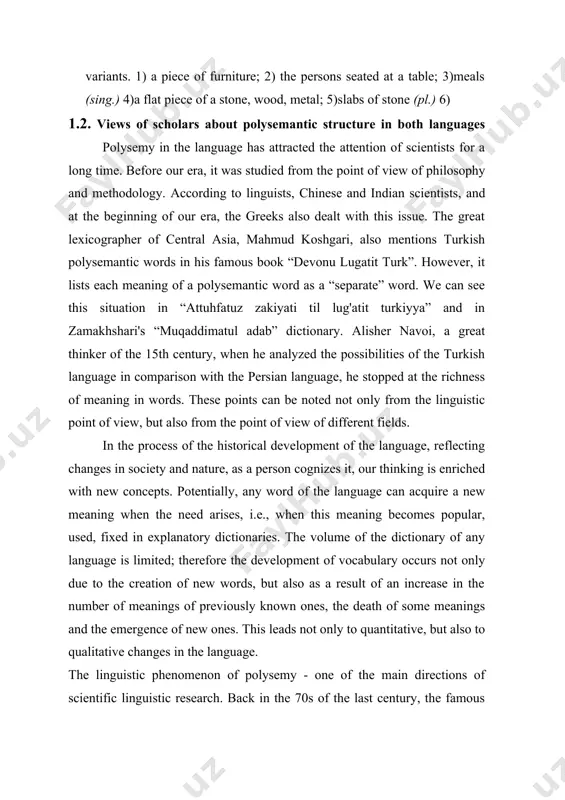 richness of meaning in words. these points can be noted not only from the linguistic point of view, but also from the point of view of different fields. in the process of the historical development of the language, reflecting changes in society and nature, as a person cognizes it, our thinking is enriched with new concepts. potentially, any word of the language can acquire a new meaning when the need arises, i.e., when this meaning becomes popular, used, fixed in explanatory dictionaries. the volume of the dictionary of any language is limited; therefore the development of vocabulary occurs not only due to the creation of new words, but also as a result of an increase in the number of meanings of previously known ones, the death of some meanings and the emergence of new ones. this leads not only to quantitative, but also to qualitative changes in the language. the …
