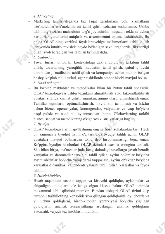 · talqin bilan taqqoslaganda ommaviy ma'lumotlarni chiqarib olish; · olap tahlil modellari; · mijoz-server arxitekturasi (olap-ga ish stoli orqali kirish mumkin); · shaffoflik (tashqi ma'lumotlarga shaffof kirish); · ko'p o'yinchini qo'llab-quvvatlash. olap ko'p faktorli ma'lumotlarni tahlil qilish vazifasi bo'lgan joyda amal qiladi. umuman olganda, agar sizda ma'lumotlar mavjud bo'lgan jadval mavjud bo'lsa, unda kamida bitta tavsiflovchi ustun (o'lchov) va bitta ustun (raqamlar yoki faktlar) mavjud bo'lsa, olap vositasi odatda hisobotlarni tahlil qilish va ishlab chiqarish uchun samarali vosita bo'ladi. haqiqiy hayotdan olingan olap texnologiyalarini qo'llashning ayrim yo'nalishlarini ko'rib chiqamiz. 1. sotish. · savdo tarkibini tahlil qilish asosida boshqaruv qarorlarini qabul qilish uchun zarur bo'lgan masalalar hal qilinadi: tovarlarning turlarini, narxlarini o'zgartirish, do'konlarni, filiallarni yopish va ochish, dilerlar bilan shartnomalarni bekor qilish va imzolash, reklama kampaniyalarini o'tkazish yoki tugatish va boshqalar. 2. xaridlar. · vazifa savdo tahlilining teskarisidir. ko'pgina korxonalar komponentlar va materiallarni etkazib beruvchilardan sotib olishadi. savdogarlar tovarlarni qayta sotish …