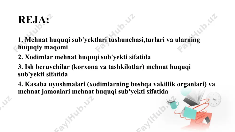 a aqliy salohiyatlarini, ijodiy imkoniyatlarini faqat mehnat qilish tufayli yuzaga chiqaradilar. mehnat qonunchiligi mehnat huquqi sub'yektlari bo'iadigan fuqarolaming ikki toifasini nazarda tutadi: a) yollanib ishlovchilar (xodimlar); b) tadbirkorlar (ish beruvchilar) va ulaming huquqiy statusi o'zaro farq qilinadi. mehnat huquqiy sub'yektlilik amaldagi mehnat qonunchilik qoidalariga ko'ra odatda shaxsning 16 yoshga to'lishi bilan tan olinadi. mehnat kodeksining 77-moddasiga ko'ra ishga qabul qilish 16 yoshdan amalga oshirilishi ko'zda tutilgan. ota-onalardan biri yoki ular o'mini bosuvchi shaxsning yozma roziligi bilan 15 yoshga to'lgan shaxslar ham, umumta'lim, o'rta maxsus o'quv yurtlarining o'quvchilari bo'sh paytlarida hayoti va sog'ligi uchun xavf tug'dirmaydigan ishlarga ota-onasidan biri yoki ularning o'mini bosuvchi shaxs yozma roziligi bilan ishga qabul qilinishlari mumkin. yoshlar salomatligi, hayoti va ma'naviyatini himoyalash maqsadida ayrim ishlarga qabul qilish paytida shaxsning 18 yoshga etgan bo'lishi talab qilinadi. bunday kasb va vazifalarda mehnat huquqi sub'yekti bo’la olish yoshi odatdagidan boshqacha belgilangan. yollanma mehnat sohasidagi ishga qabul qilish yoshi imperativ …