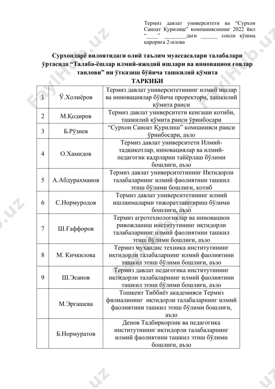 инг иқтидорли талабаларнинг илмий фаолиятини ташкил этиш бўлими бошлиғи, аъзо б.нормуратов денов тадбиркорлик ва педагогика институтининг иқтидорли талабаларнинг илмий фаолиятини ташкил этиш бўлими бошлиғи, аъзо термиз давлат университети ва “сурхон саноат қурилиш” компаниясининг 2022 йил “____” ________ даги ______ сонли қўшма қарорига 2-илова қайта тикланувчи энергия манбалари ва ускуналари йўналиши бўйича баҳолаш мезони № баҳолаш мезони баллар 1 илмий ишланма ёки лойиҳа номи, долзарблиги, мақсад ва вазифалари, илмий янгилиги (асоснома, 3 бетдан ошмаслиги керак) 20 2 илмий-тадқиқот ишлари, эришилган натижаларнинг талабгор таҳсил олаётган таълим йўналишига мослиги 15 3 таклиф этилаётган қурилмалар тавсифи (прототипи, тузилиши, ишлаш принципи, фойдаланиш соҳалари) 30 4 илмий ишлар (патент, мақола, тезис) нинг якка муаллифликда, нуфузли журналларда чоп этганлиги 20 5 илмий ишланма ёки лойиҳасининг натижадорлиги, имкониятлари (2 бетдан ошмаслиги керак) 15 жами 100 архитектура, қурилиш муҳандислиги ва янги материаллар йўналиши бўйича баҳолаш мезони № баҳолаш мезони баллар 1 илмий ишланма ёки лойиҳа номи, долзарблиги, мақсад ва …