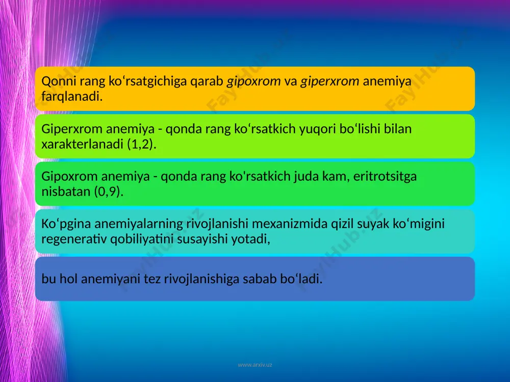 ‘ladi. temir yetishmasligidan kelib chiqadigan kamqonlikda esa qon zardobidagi temir 10—30 mkg (1,8—5,4 mkmol/l)gacha pasayib ketishi mumkin www.arxiv.uz davolash. bemorga tarkibida temir moddasi ko‘p bo‘lgan ovqatlarni ko‘proq iste’mol qilish tavsiya qilinadi. temir miqdori go‘sht, jigar, tuxumda ko‘p bo‘ladi. temir yetishmasligidan kelib chiqqan kamqonlikni davo- lashda temir preparatlari ishlatiladi. preparatlar, asosan, ichishga buyuriladi. www.arxiv.uz ichakda so'rilish buzilgandagina temir preparatlari parenteral yo‘l bilan yuboriladi: temir preparatlaridan ferrokal yaxshi natija beradi, sutkasiga 6 tabletka ichiladi, shuningdek, ferropleks, konferen, orferon, ferramid, ferbitol, ferkoven, ferrumlek kabi dorilar qo‘llaniladi. davolash muddati 2—3 oy. www.arxiv.uz e’tiboringiz uchun rahmat!!! www.arxiv.uz image2.jpeg image3.jpeg image4.jpeg image5.jpeg image6.jpeg image7.jpeg image8.jpeg image9.jpeg image1.jpg /docprops/thumbnail.jpeg