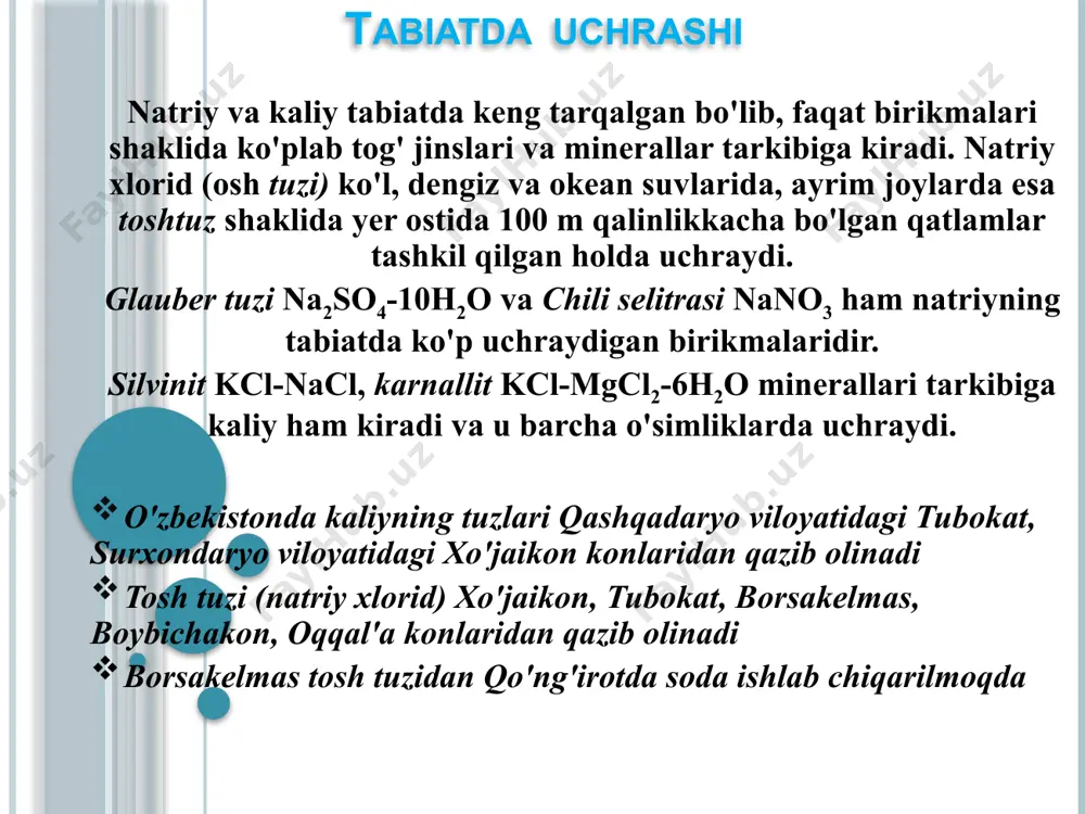 liy xlorid eritmasini elektroliz qilib olinadi. natriy va kaliy gidroksidlari amaliy jihatdan katta ahamiyatga ega bo'lib, sanoatning turli sohalarida qo'llaniladi. kaliy gidroksid turli kaliyli tuzlar olishda, suyuq sovun olish uchun ishqoriy akkumulyatorlar tayyorlashda ishlatiladi. natriy peroksid (na2o2) natriy metalining yonishi natijasida hosil bo'lgan modda bo'lib, karbonat angidridni yutish xossasiga ega. uning ana shu xossasidan suv osti kemalarining honalarida yig'ilib qolgan karbonat angidridni bog'lash maqsadida foydalaniladi. vodorod peroksid olish uchun ham natriy peroksiddan foydalaniladi. buning uchun sovuq sulfat kislotaga natriy peroksid ta'sir ettiriladi. savollar va topshiriqlar natriy va kaliyning fizik va kimyoviy xossalarini aytib bering. 46 g natriyning suv bilan ta'sirlashishidan qancha xajm vodorod olish mumkin (n.sh.)? 8 % koh tutgan 700 g ishqor eritmasi tayyorlash uchun qancha miqdor kaliy metalidan kerak bo'ladi? natriy va kaliyni ularning tuzlari eritmalarini elektroliz qilib olish mumkinmi? eng muhim natriy va kaliy tuzlari formulalarini yozing va nomini ayting. natriy va kaliy birikmalari qanday maqsadlarda ishlatiladi? …