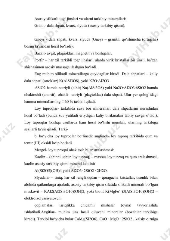 adi. laboratoriyada kremniy sio2 magniy kukuni bilan (1:2 nisbatda) aralashmasini qizdirib olinadi. aralashma yuqori temperaturada qizdiriladi va sovutgandan sо‘ng, aralashmadan si ni ajratish uchun uni hcl eritmasida solinadi. bunda reaksiya natijasida ozgina magniy silisid hosil bо‘lganligi uchun aralashma kislota eritmasiga solinganda kislota va magniy silisid ta’siridan silanlar hosil bо‘lganligi sababli eritma ustida chiroyli alanga hosil bо‘lib silan havoda yonadi. sih4 + 2o2 = sio2 + 2h2o texnik kremniydan zonali suyultirish usulida juda toza kremniy olinadi. undagi aralashmalar 10-7 – 10-9 mas% gacha bо‘ladi. fizik xossalari. tо‘q kulrang kristall, metallsimon yaltiroq, zichligi r =2,33 g/sm3. qattiq, mо‘rt kristall modda normal sharoitda termodinamik barqaror olmosga о‘xshash kub modifikasiyadagi kremniy kulrang pо‘lat rangli smolasimon yaltiroqlikka ega juda qattiqligi va mо‘rtligi bilan xarakterlanadi. yuqori temperaturadagi geksaganol kо‘rinishdagi kremniy beqaror va amaliy ahamiyatga ega emas. amorf kremniy mayda kristallik kub shalkida bо‘ladi. olmosga о‘xshash shaklidagi kremniyda uning atomlari sp3-gibrilanishda bо‘ladi. uchlamchi turdagi kremniy kristallaridagi tetraedrik …